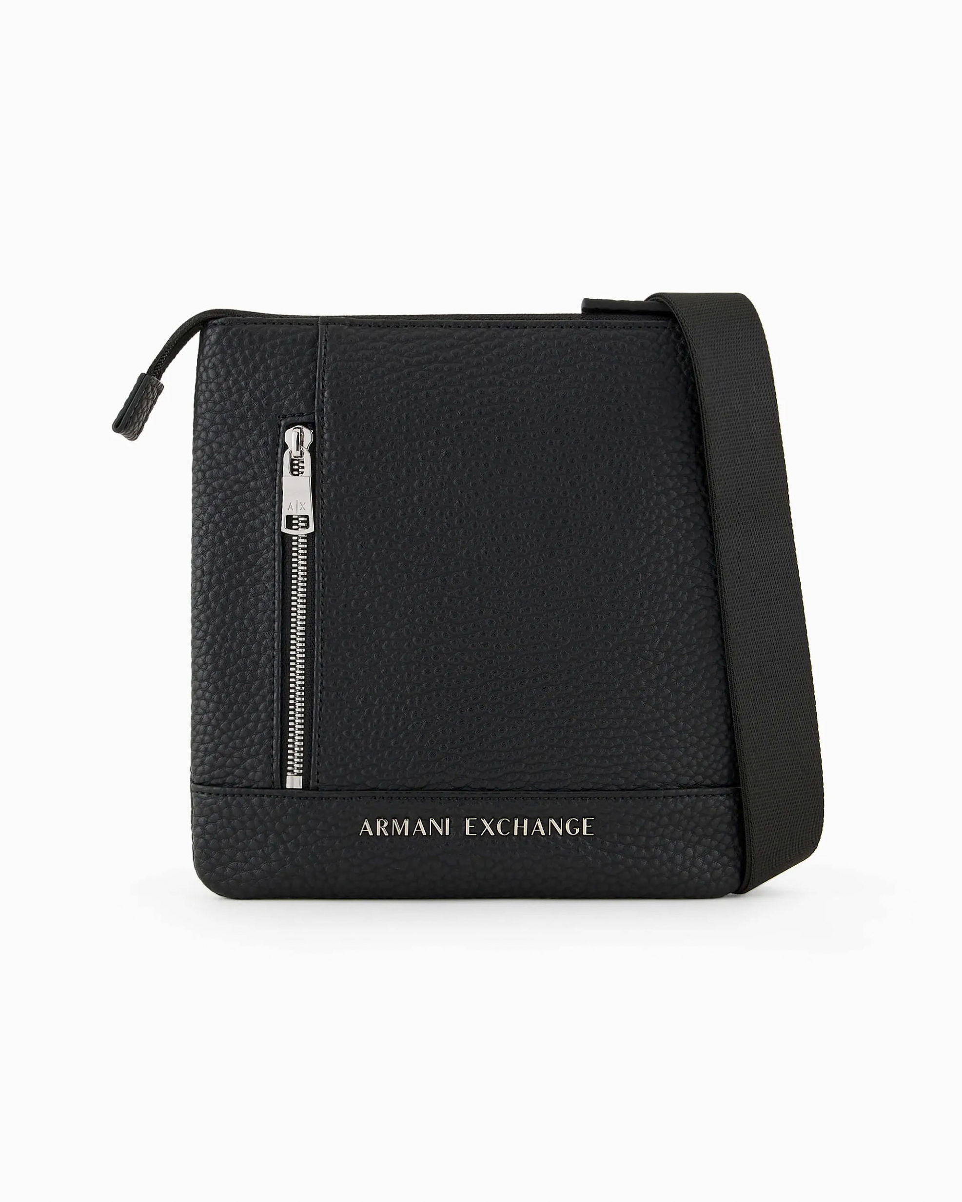 Borsa a tracolla piatta nera Armani Exchange in similpelle martellata con logo scritta in metallo