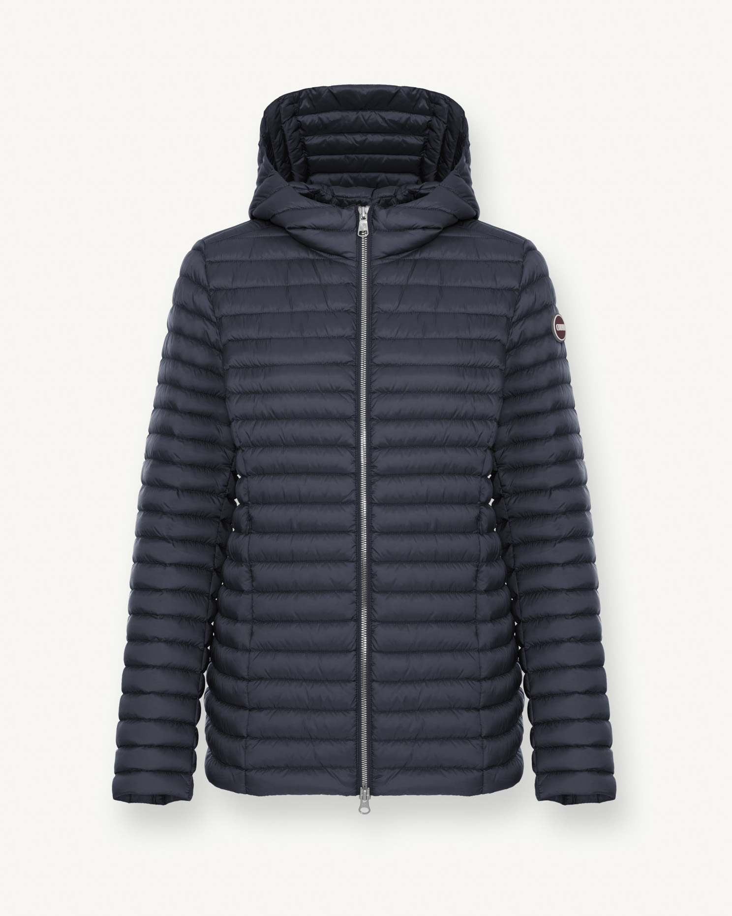 Piumino lungo dalla linea sfiancata blu con imbottitura leggera in piuma e cappuccio fisso