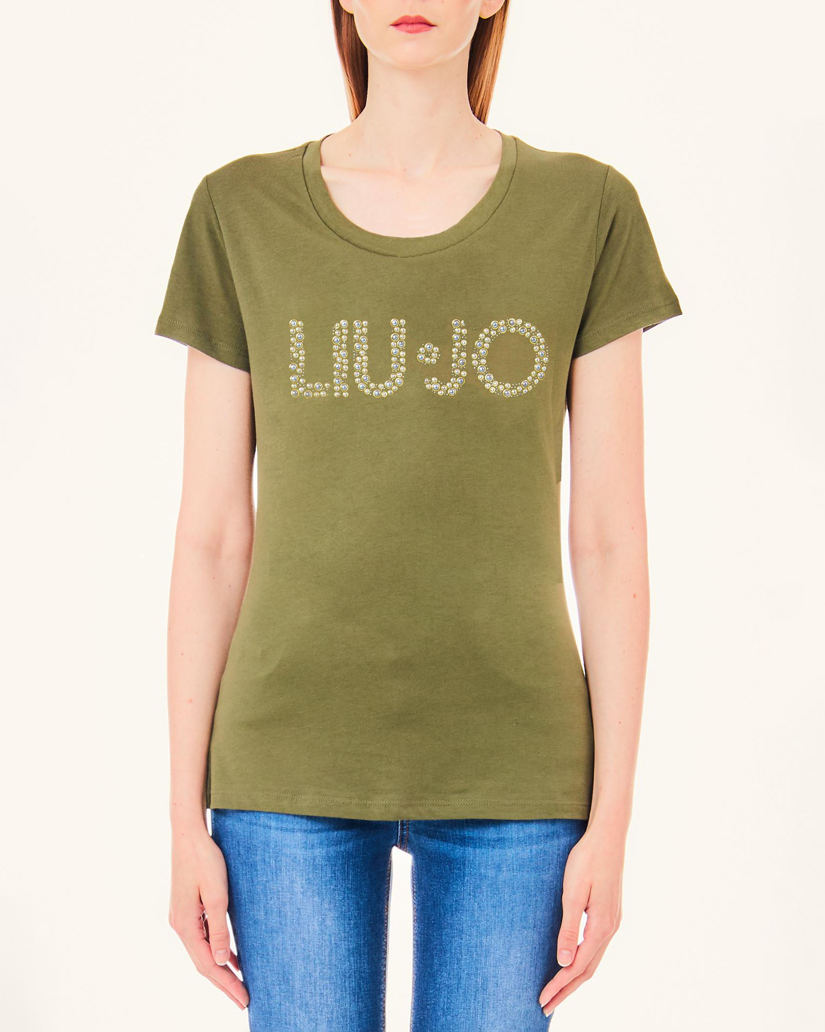 T-shirt verde militare in cotone a scollo tondo con scritta logo in strass