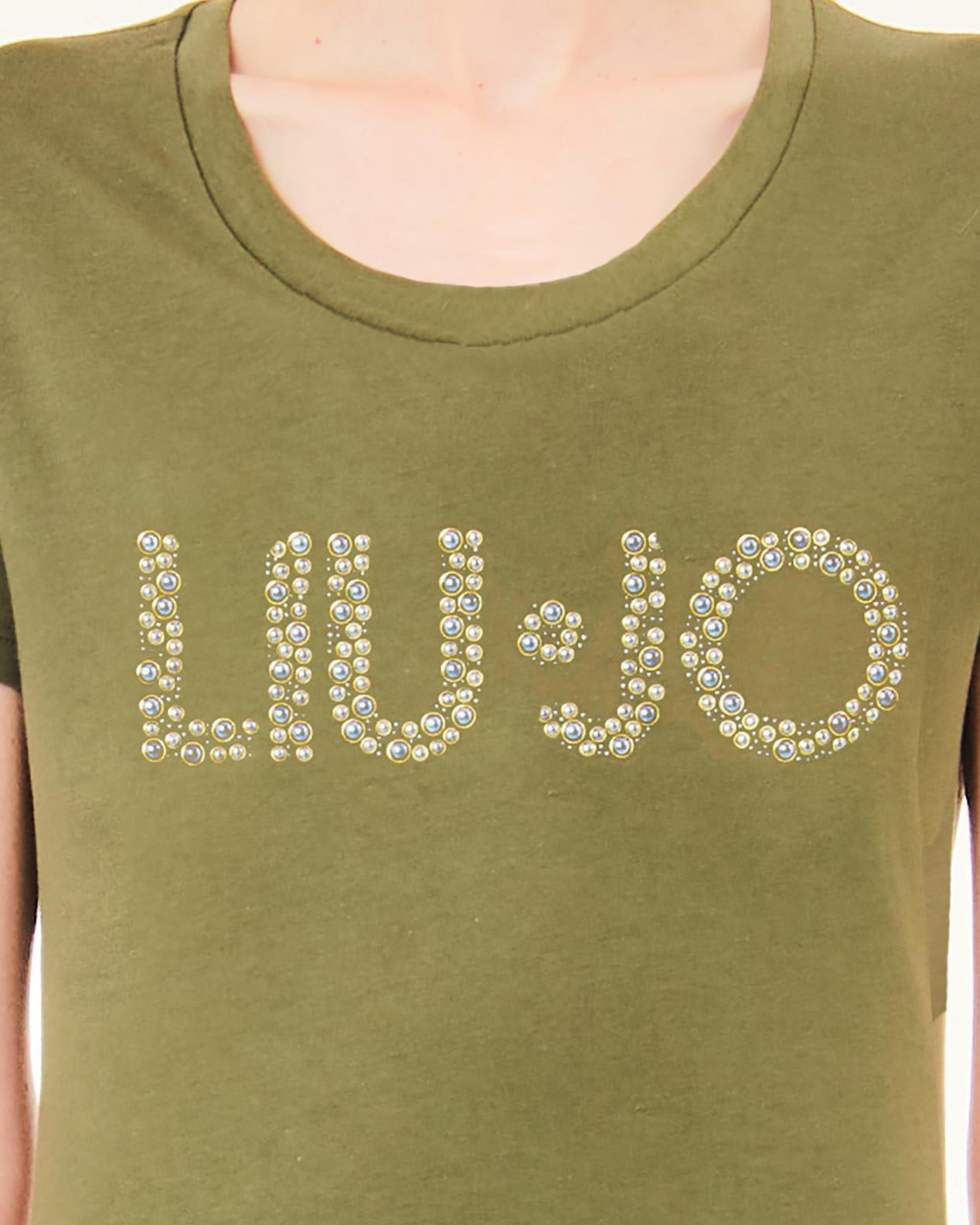 T-shirt verde militare in cotone a scollo tondo con scritta logo in strass image