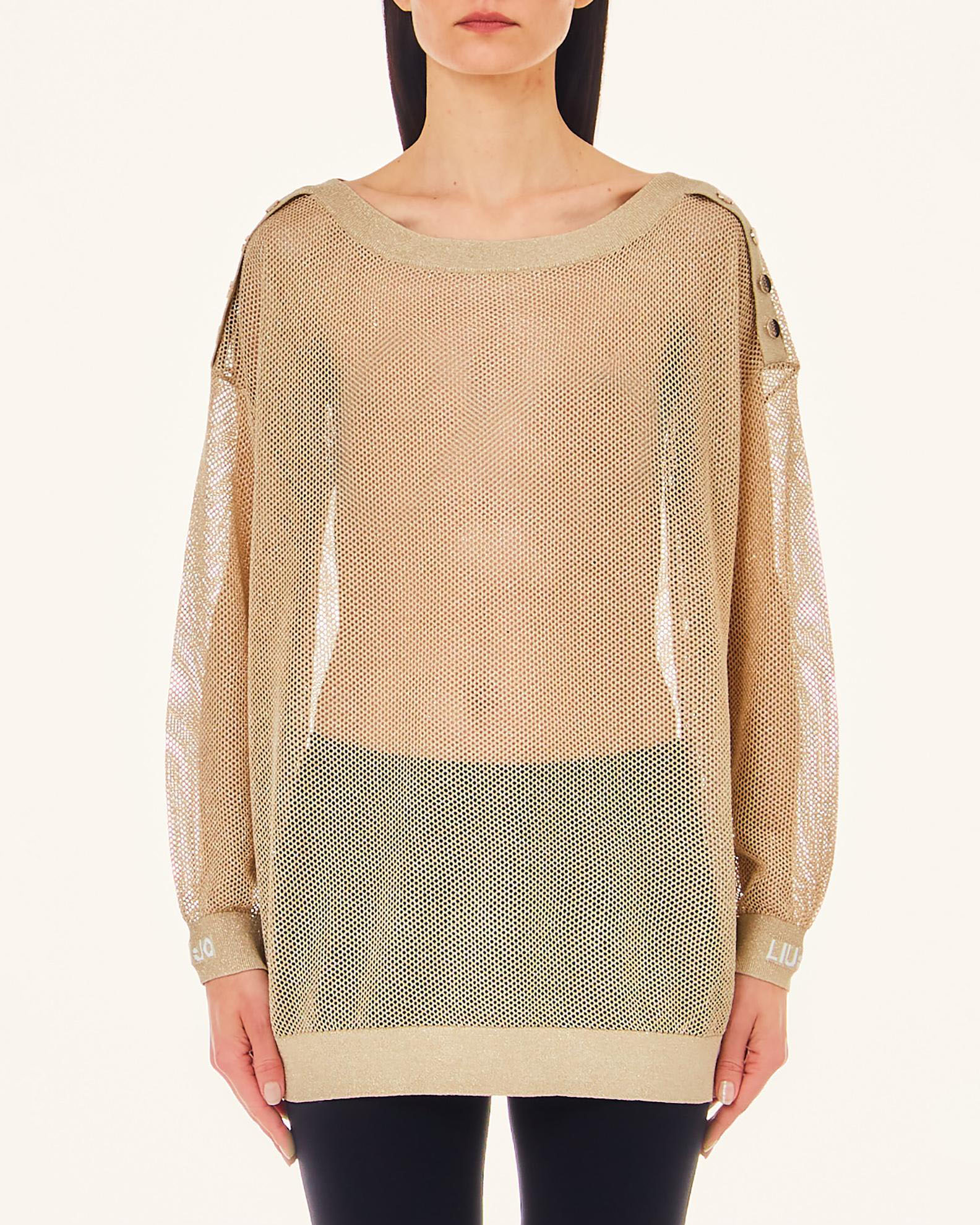 Maglia lunga color oro in rete di misto viscosa con bottoni a specchio logati sulle spalle