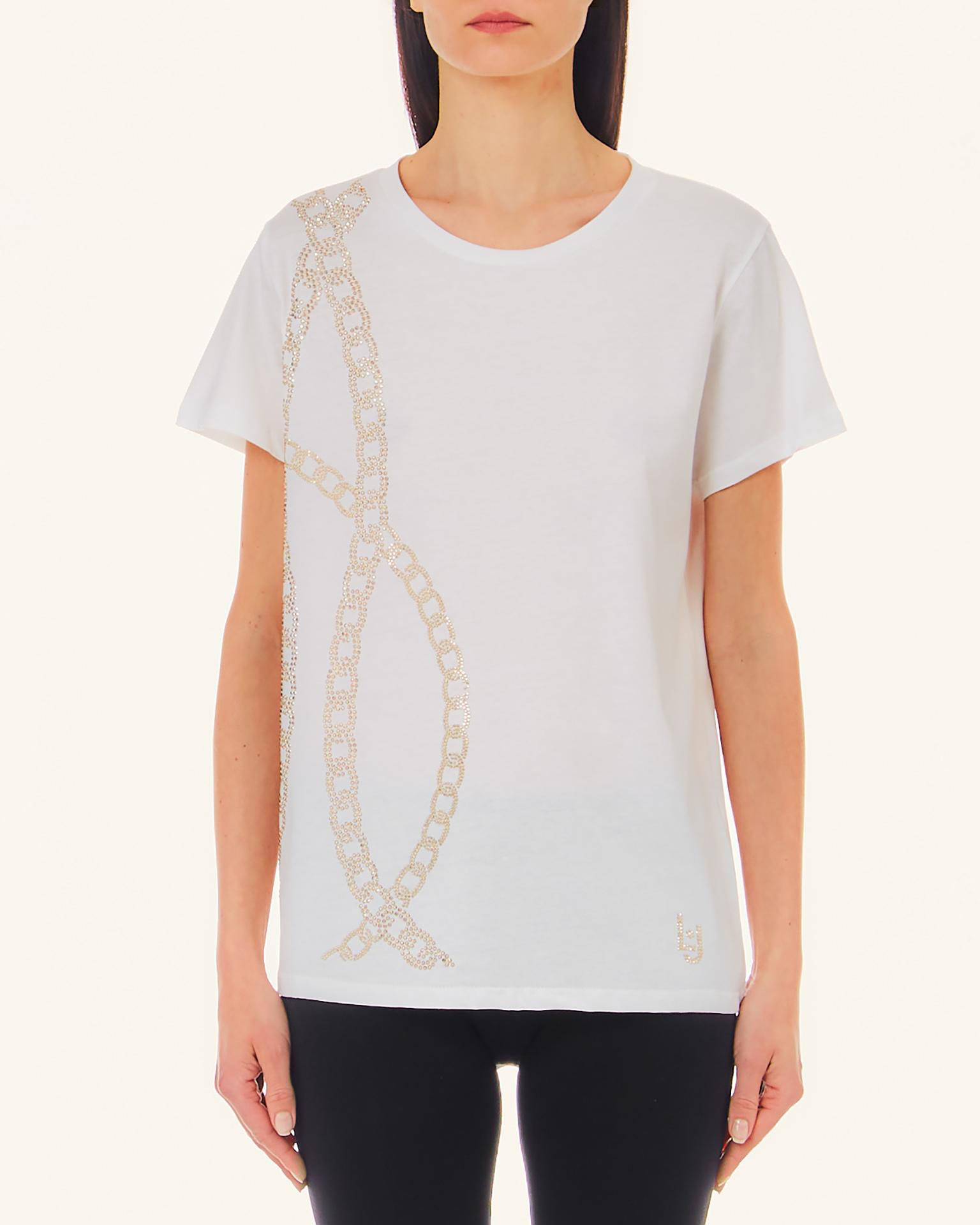 T-shirt bianca in cotone con motivo a catena in strass dorati lungo il fianco