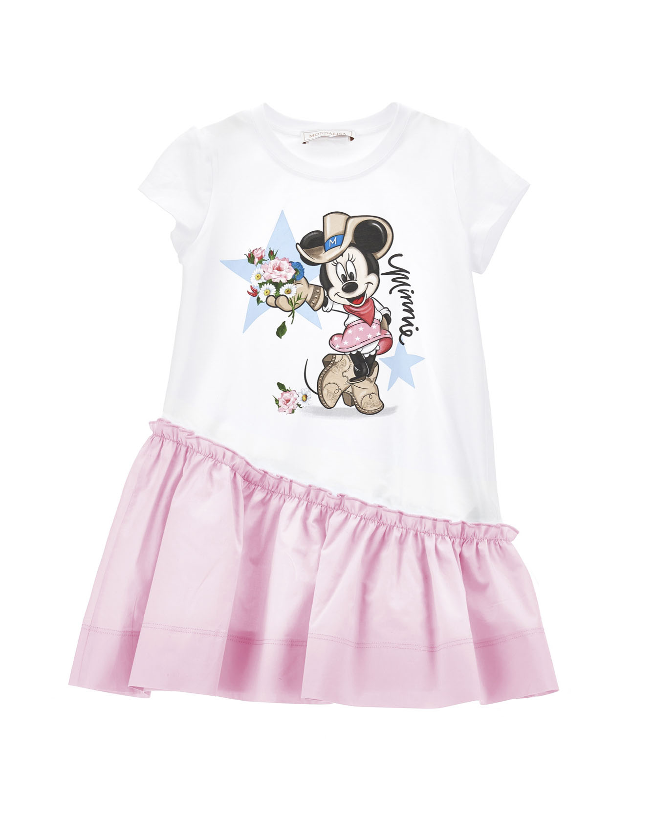 Abito bianco a maniche corte con maxi stampa 'Minnie rodeo' e volant rosa