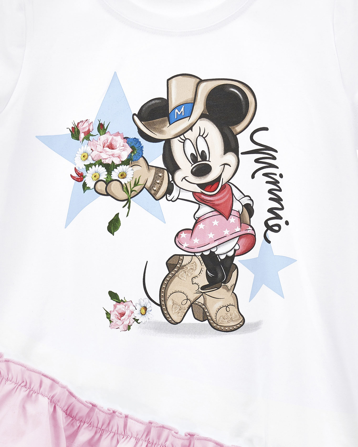 Abito bianco a maniche corte con maxi stampa 'Minnie rodeo' e volant rosa  image