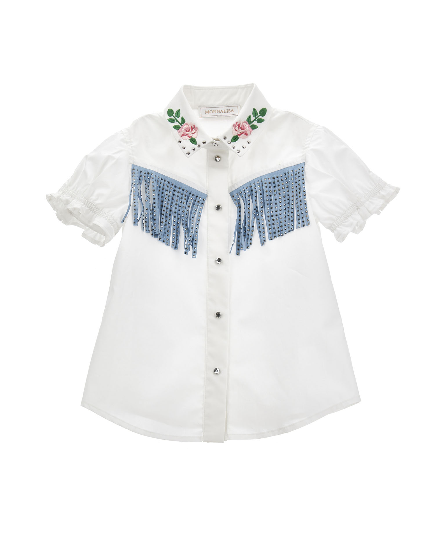 Camicia bianca a maniche corte in popeline di cotone con frange e ricami western