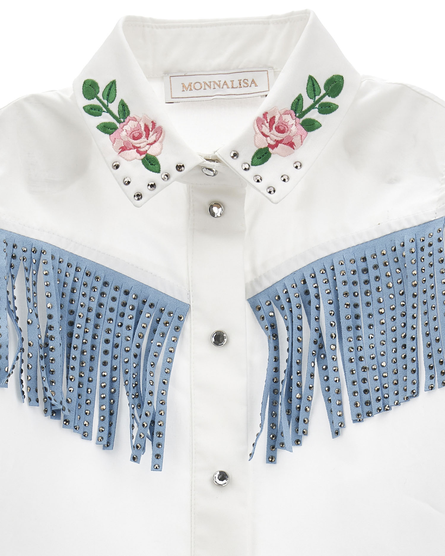 Camicia bianca a maniche corte in popeline di cotone con frange e ricami western  image