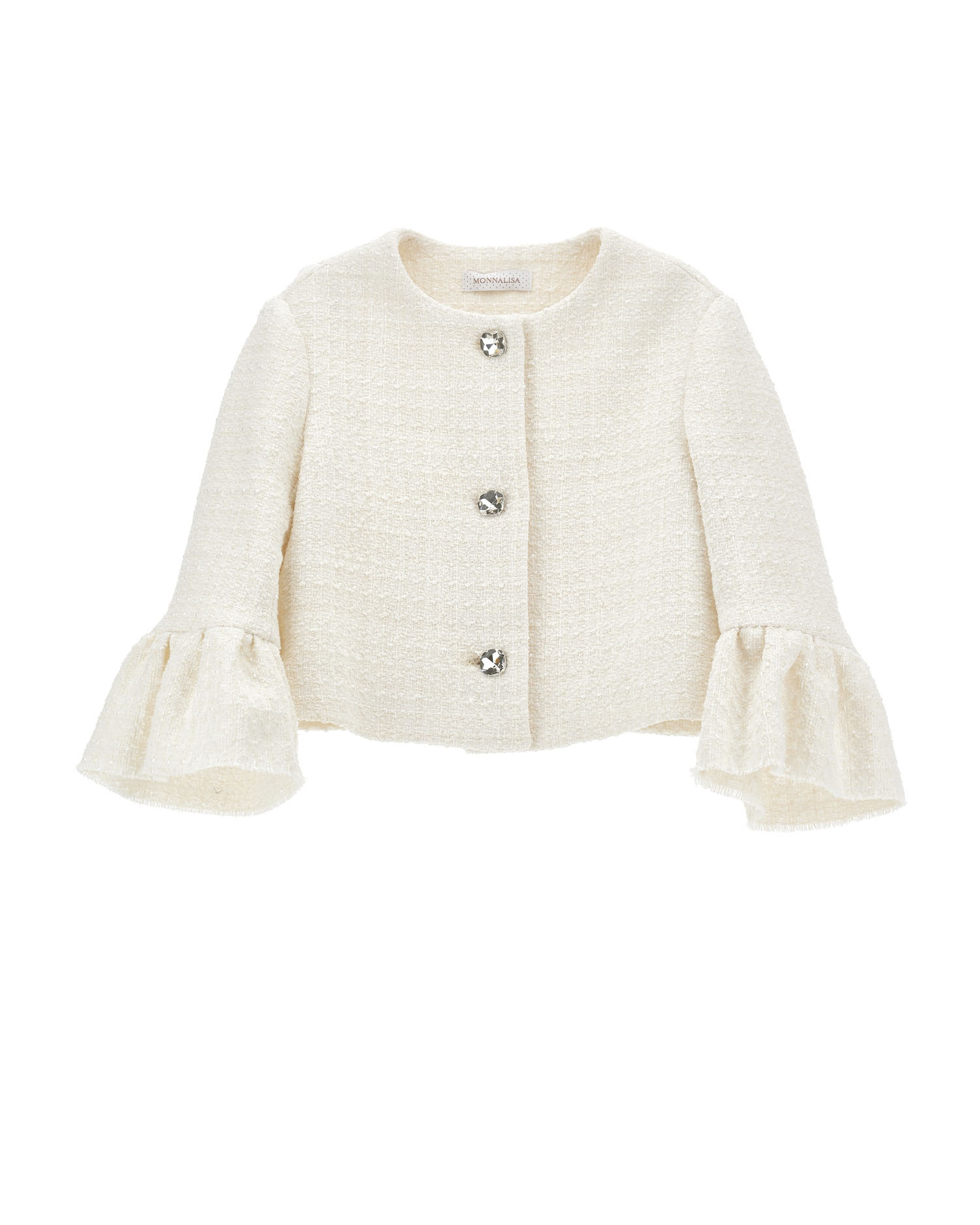 Giacca color panna bouclé con bottoni gioiello e maniche a campana 