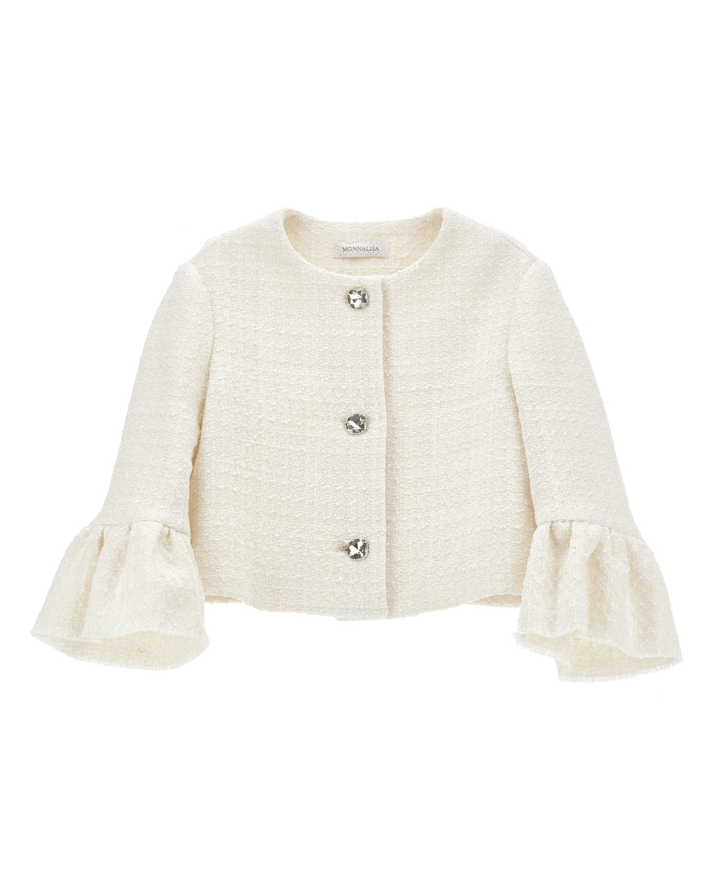 Giacca color panna bouclé con bottoni gioiello e maniche a campana 