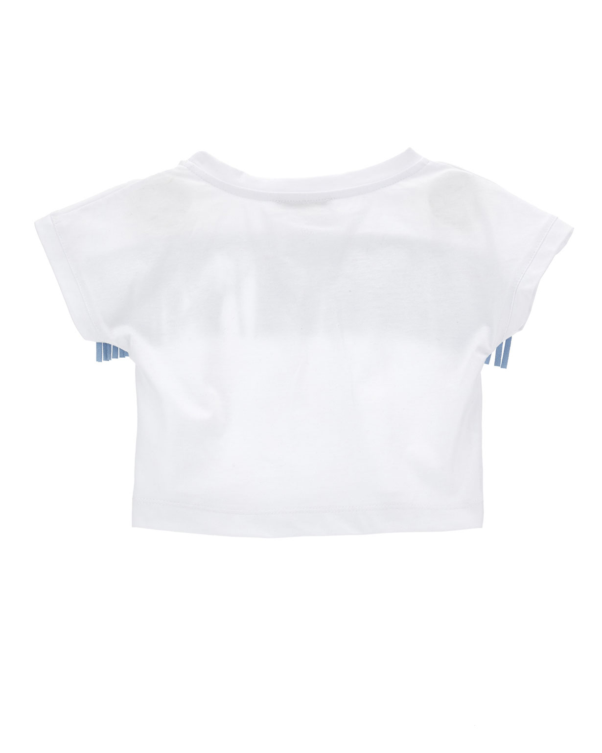 T-shirt bianca cropped a mezza manica con frange azzurre e strass 