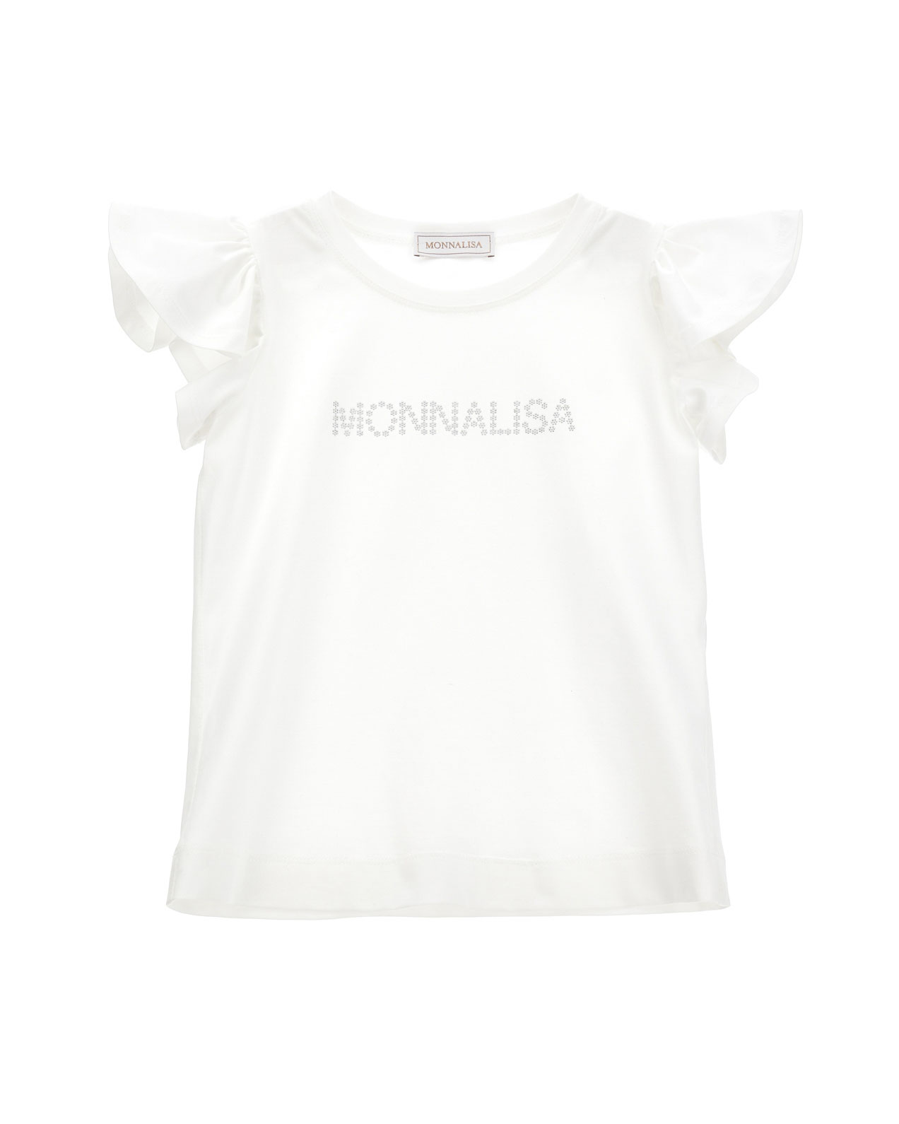T-shirt bianca in cotone stretch con maniche corte ad aletta e logo in strass 4-10 anni