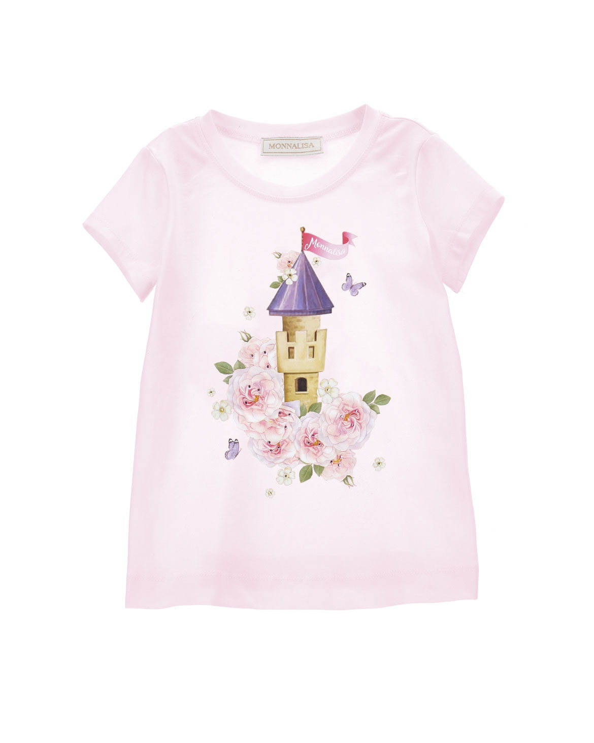 T-shirt rosa in cotone stretch con maxi stampa castello Rapunzel