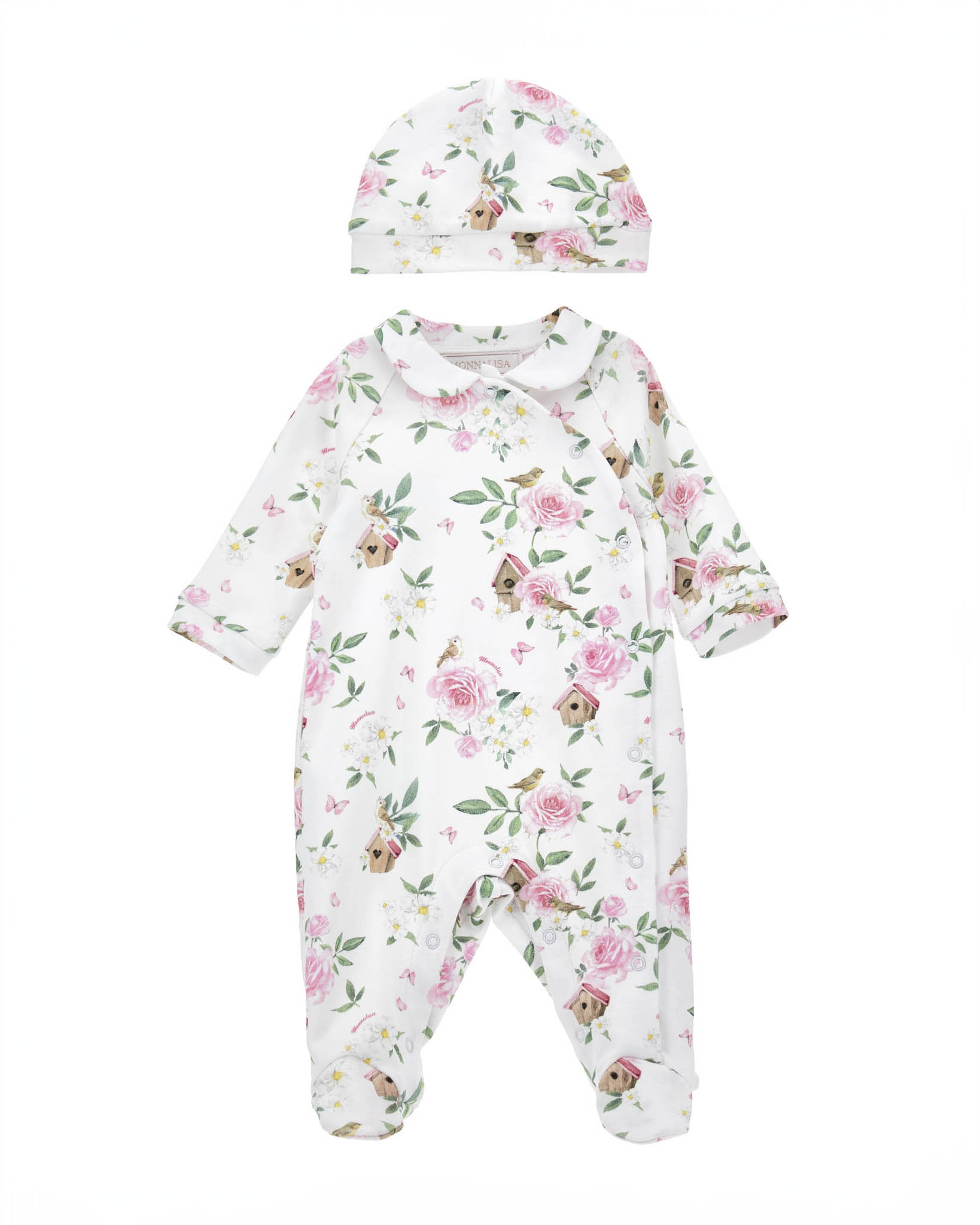 Pagliaccetto bianco in cotone a fantasia floreale rosa e verde con gambaletto e cuffietta abbinata 