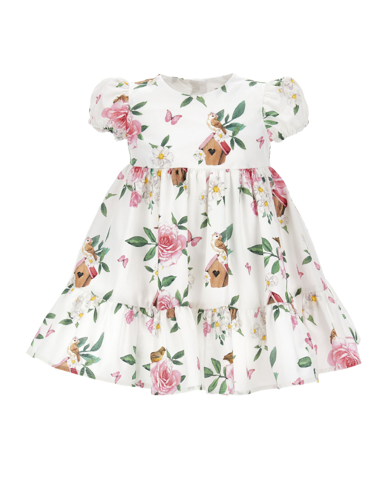 Abito fit and flare in cotone bianco a fantasia floreale rosa e verde con maniche corte a palloncino