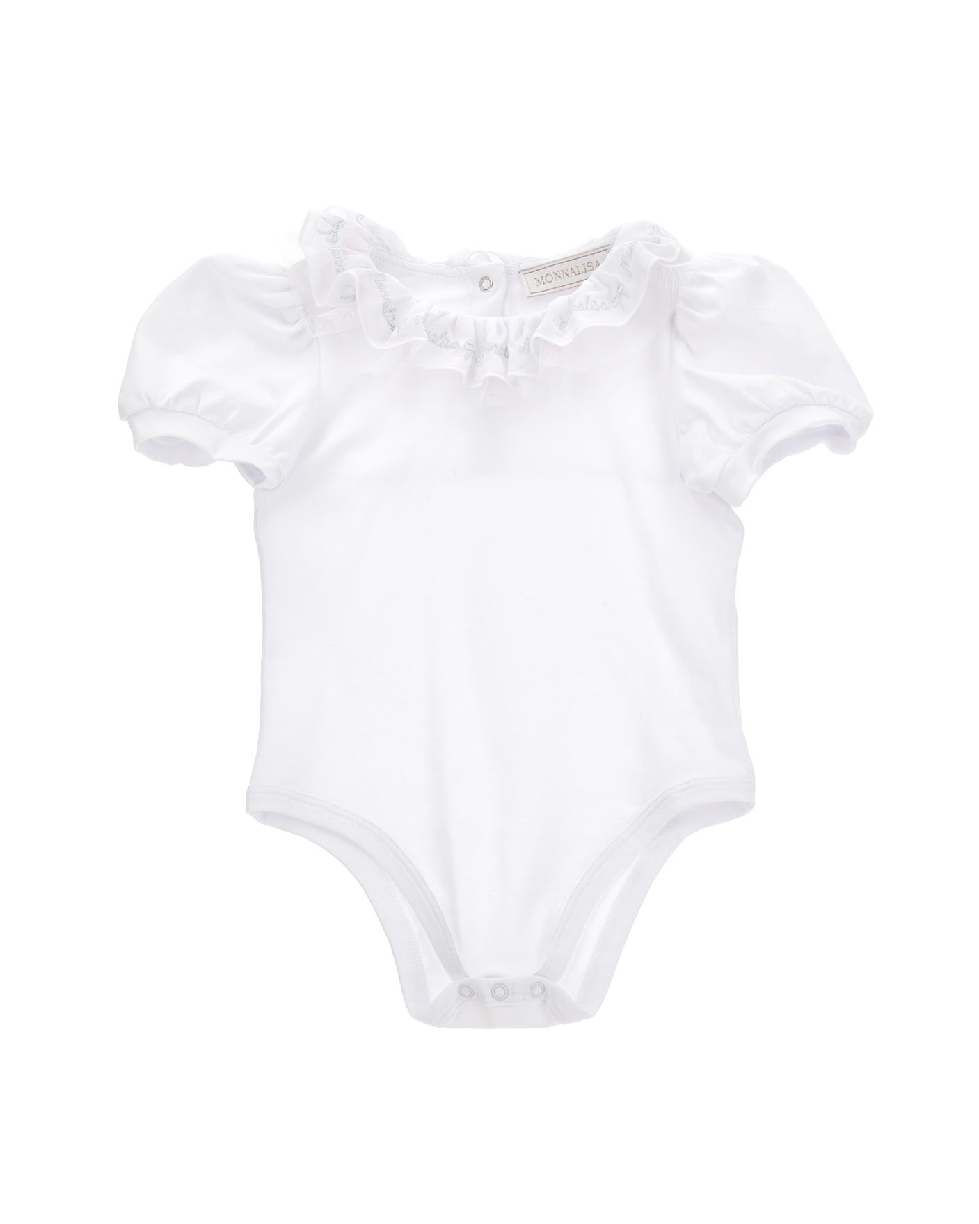 Body bianco a camicia con manica a sbuffo e rouches 