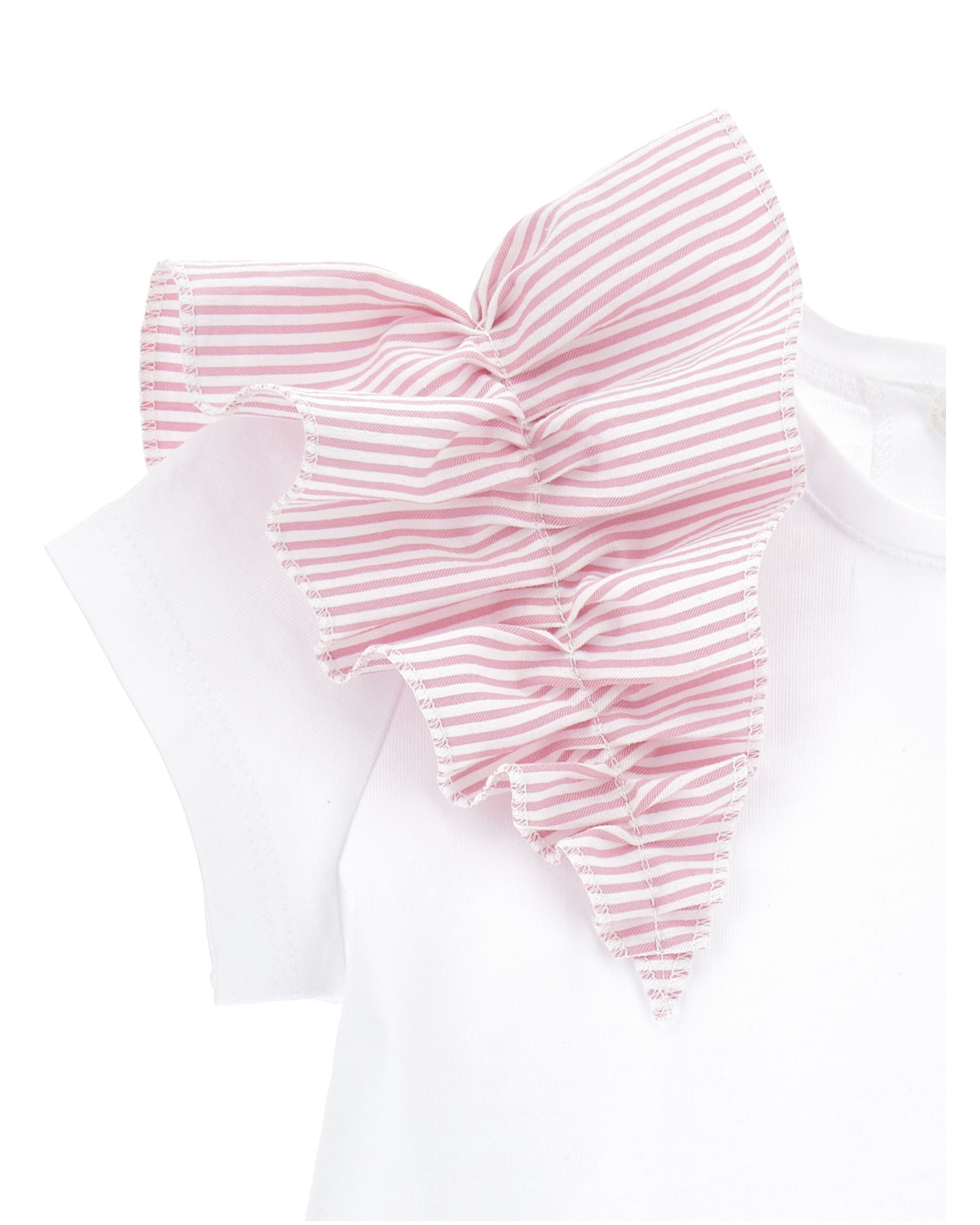 T-shirt bianca in cotone a maniche corte con maxi rouche in fantasia a righe rosa  image