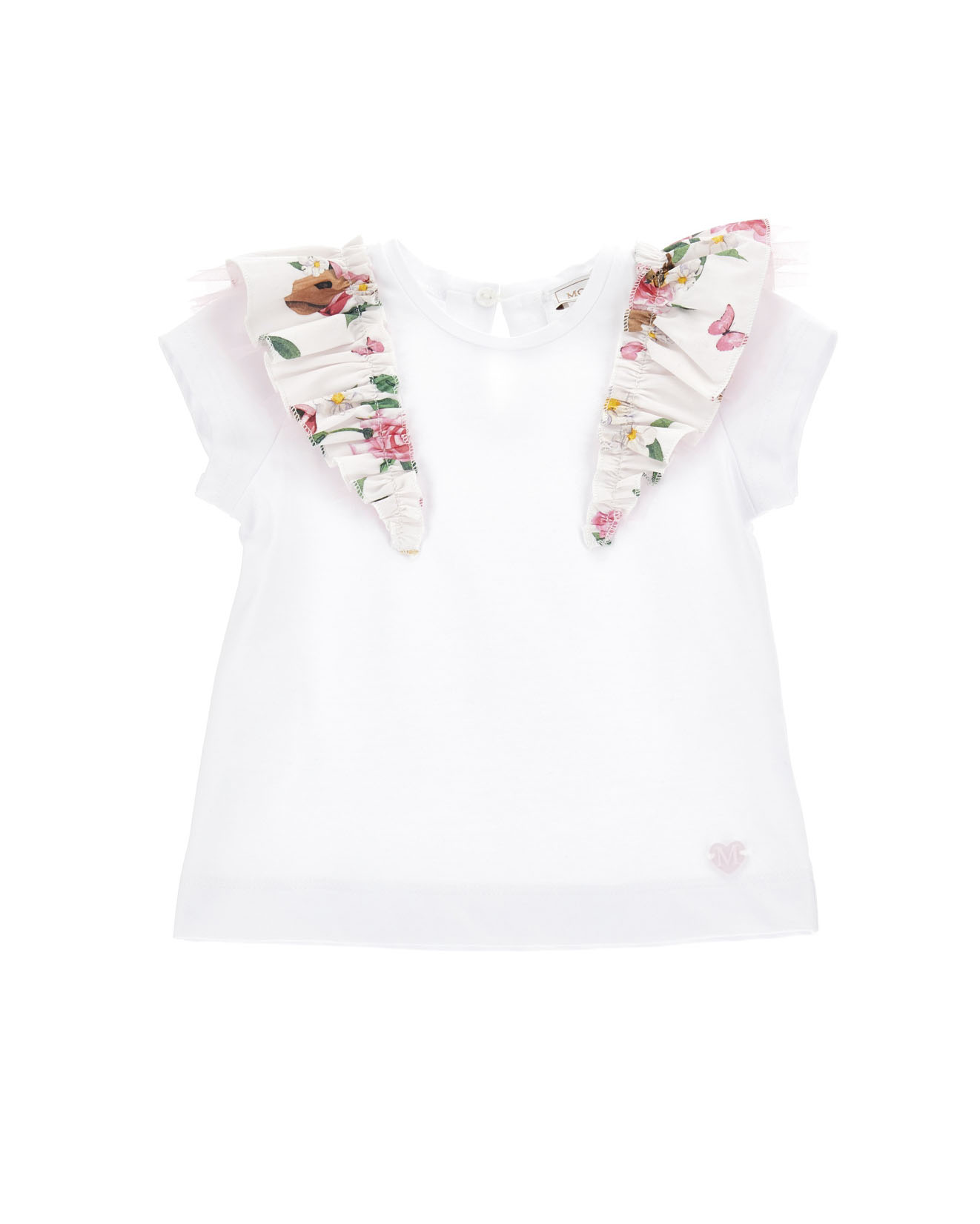 T-shirt bianca in cotone con rouches in fantasia floreale e tulle sulle spalle