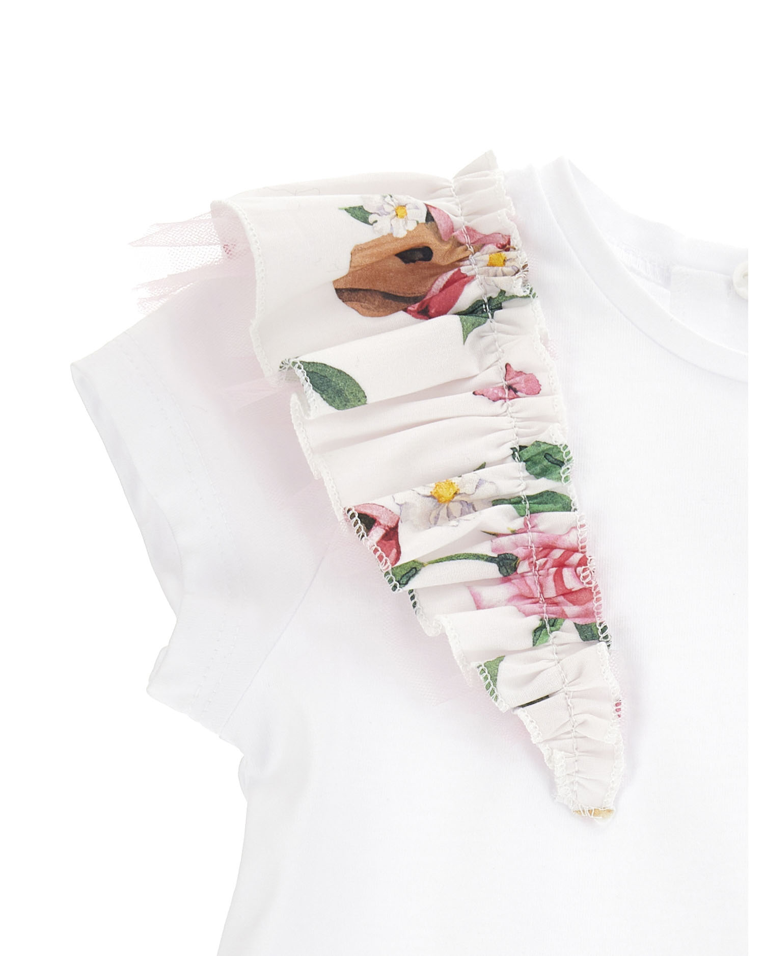 T-shirt bianca Monnalisa in cotone con rouches in fantasia floreale e tulle sulle spalle  image