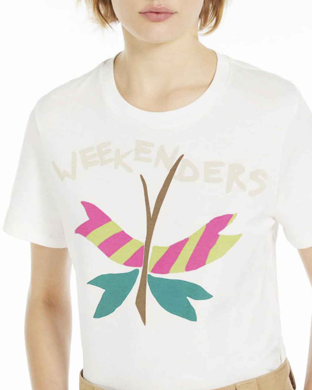 T-shirt bianca in cotone con scritta Weekenders e disegno a farfalla multicolore image