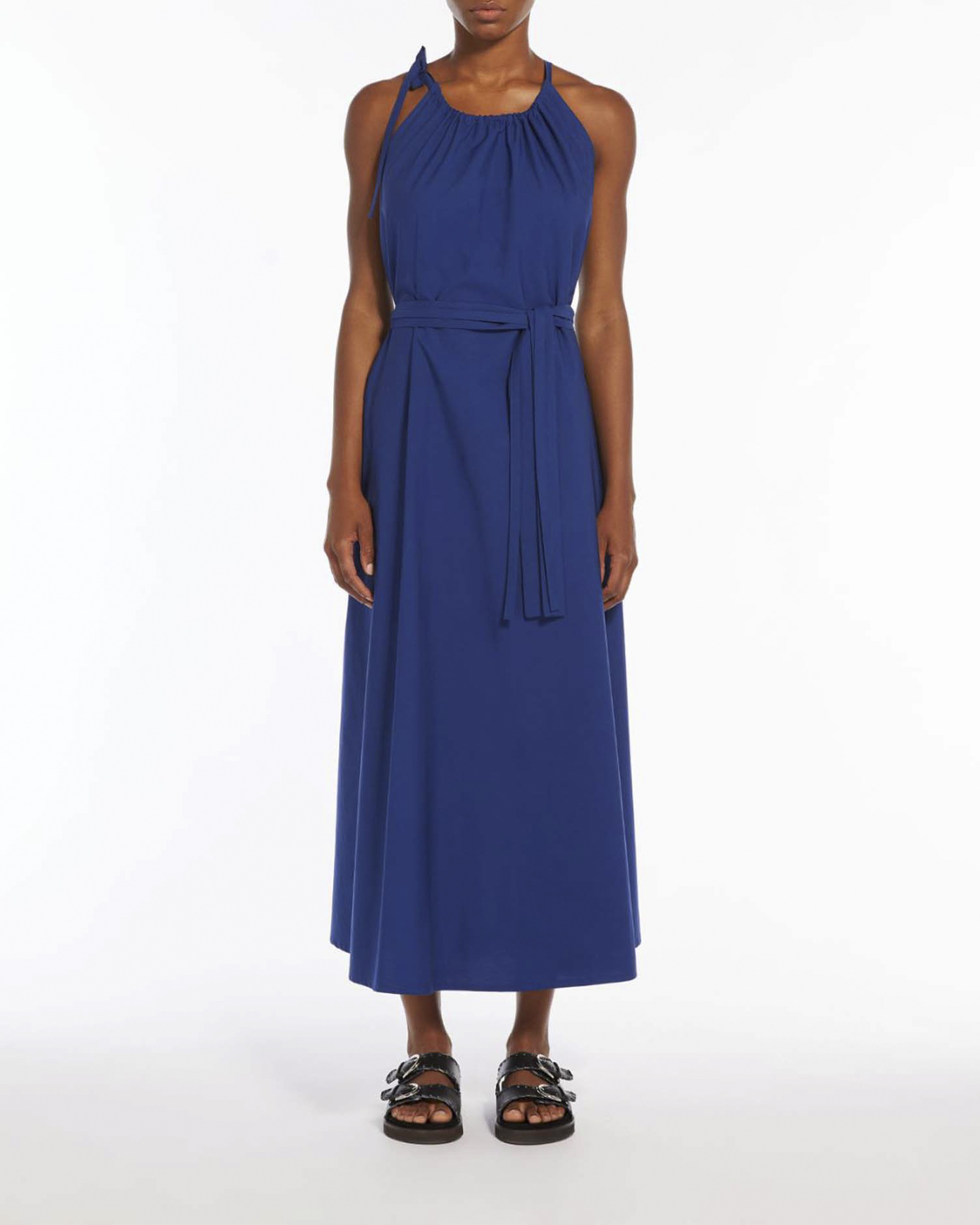 Abito lungo bluette in cotone con scollo all'americana con spalline a regolabili