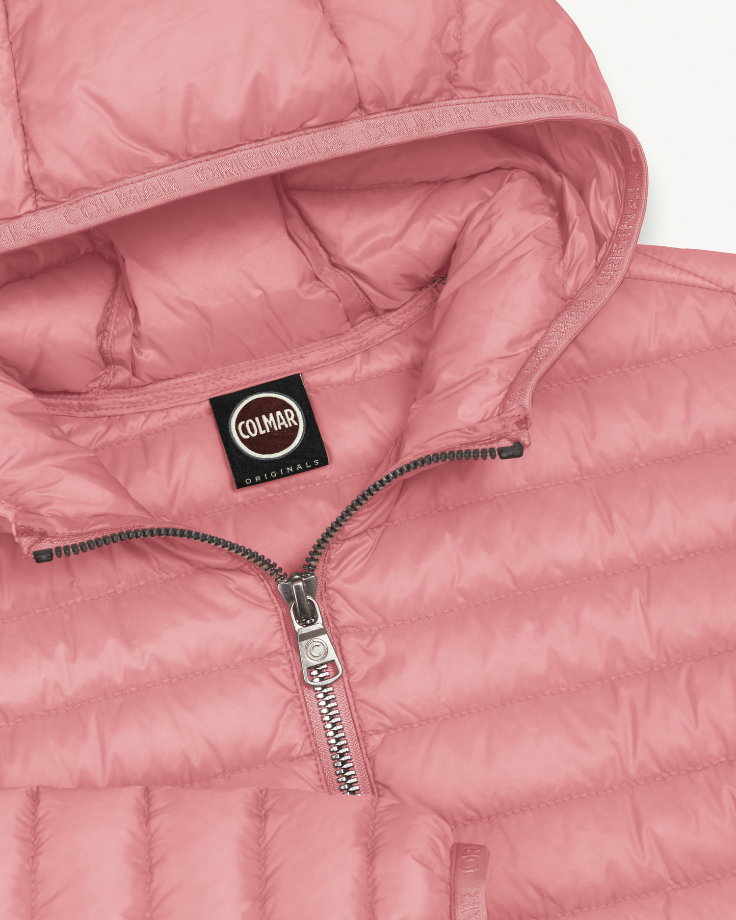 Piumino rosa con cappuccio in nylon leggero imbottito in piuma