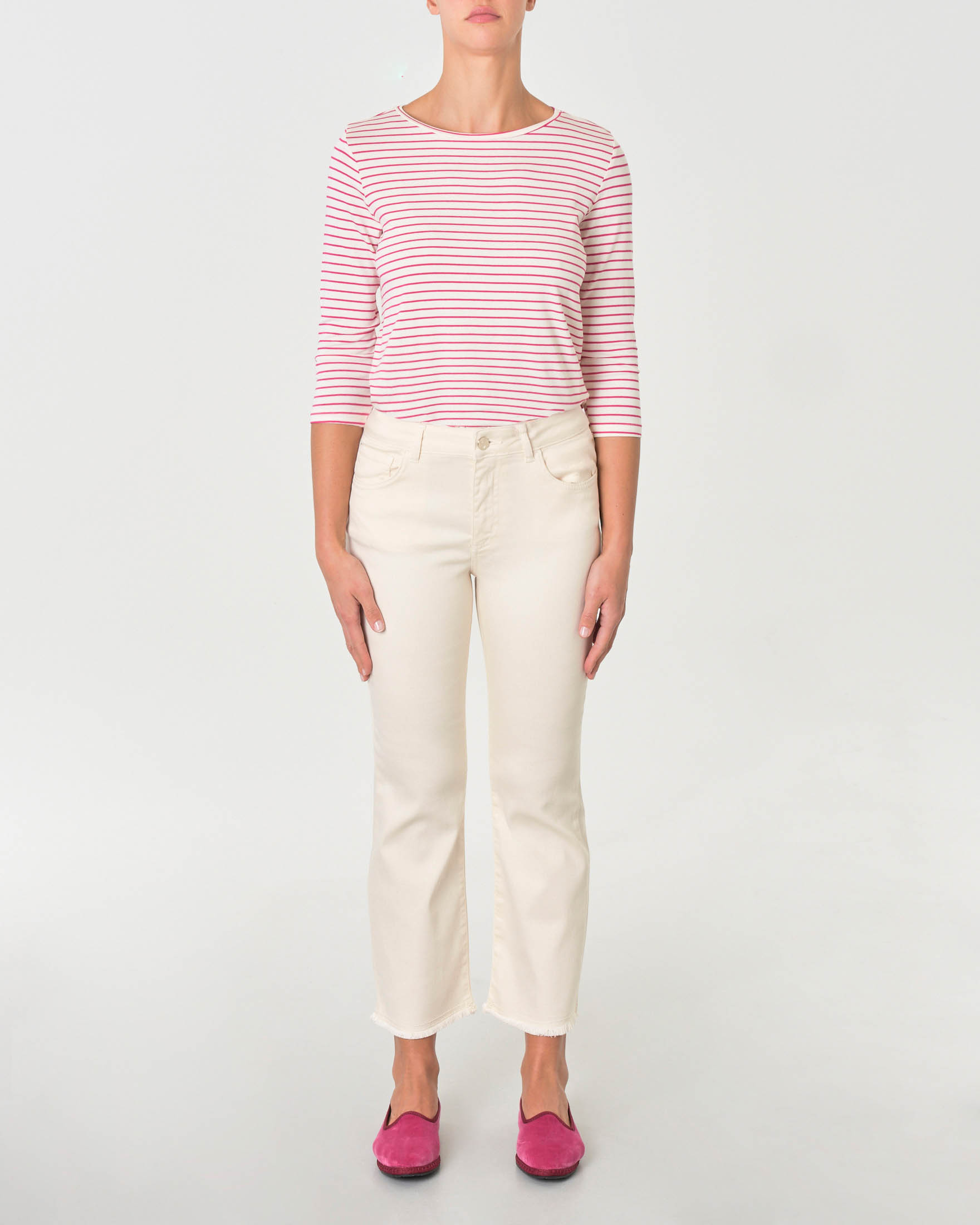 Pantaloni cinque tasche color avorio in cotone e lyocell con orli sfrangiati