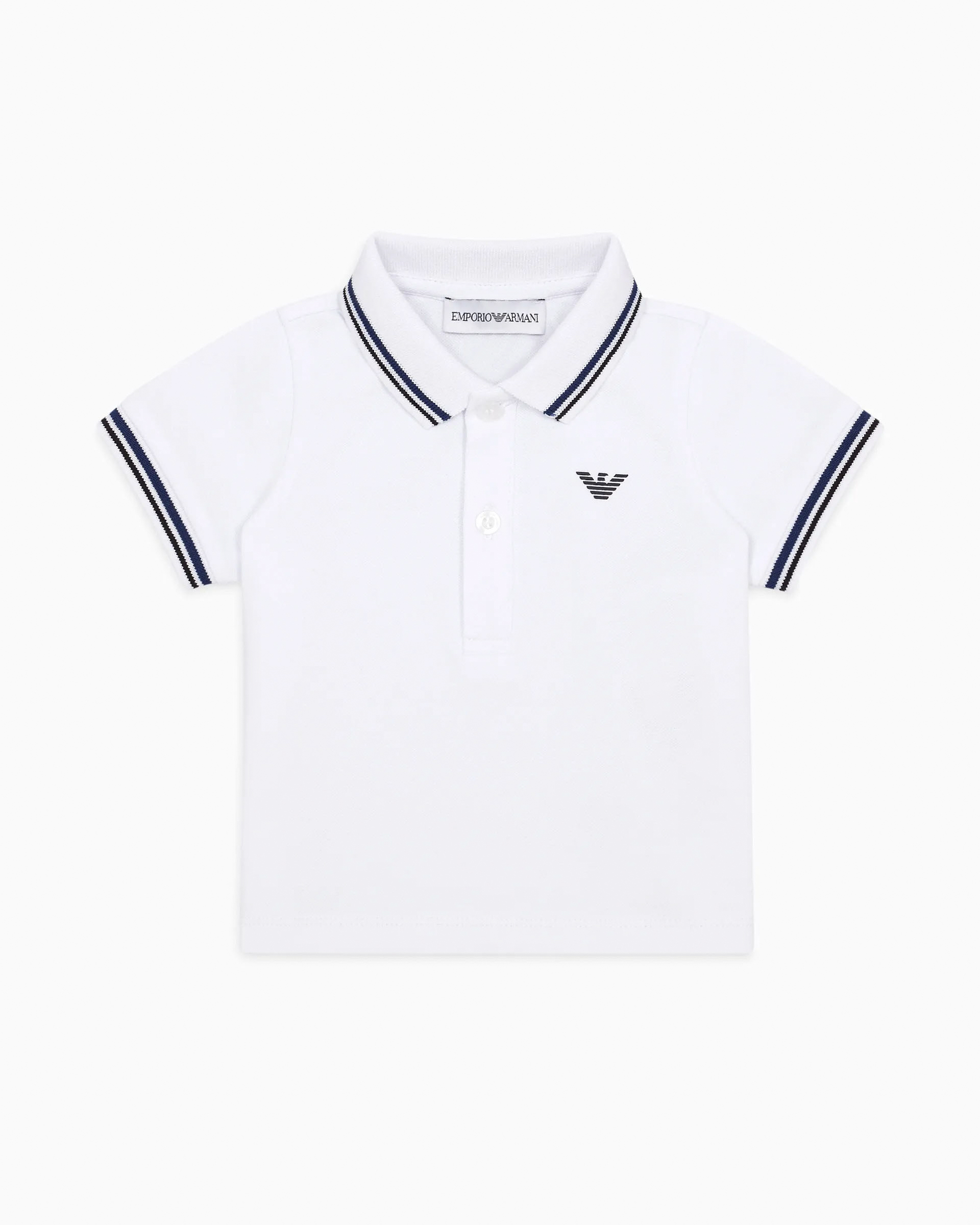 Polo Junior bianca mezza manica in cotone stretch con bordino blu e nero