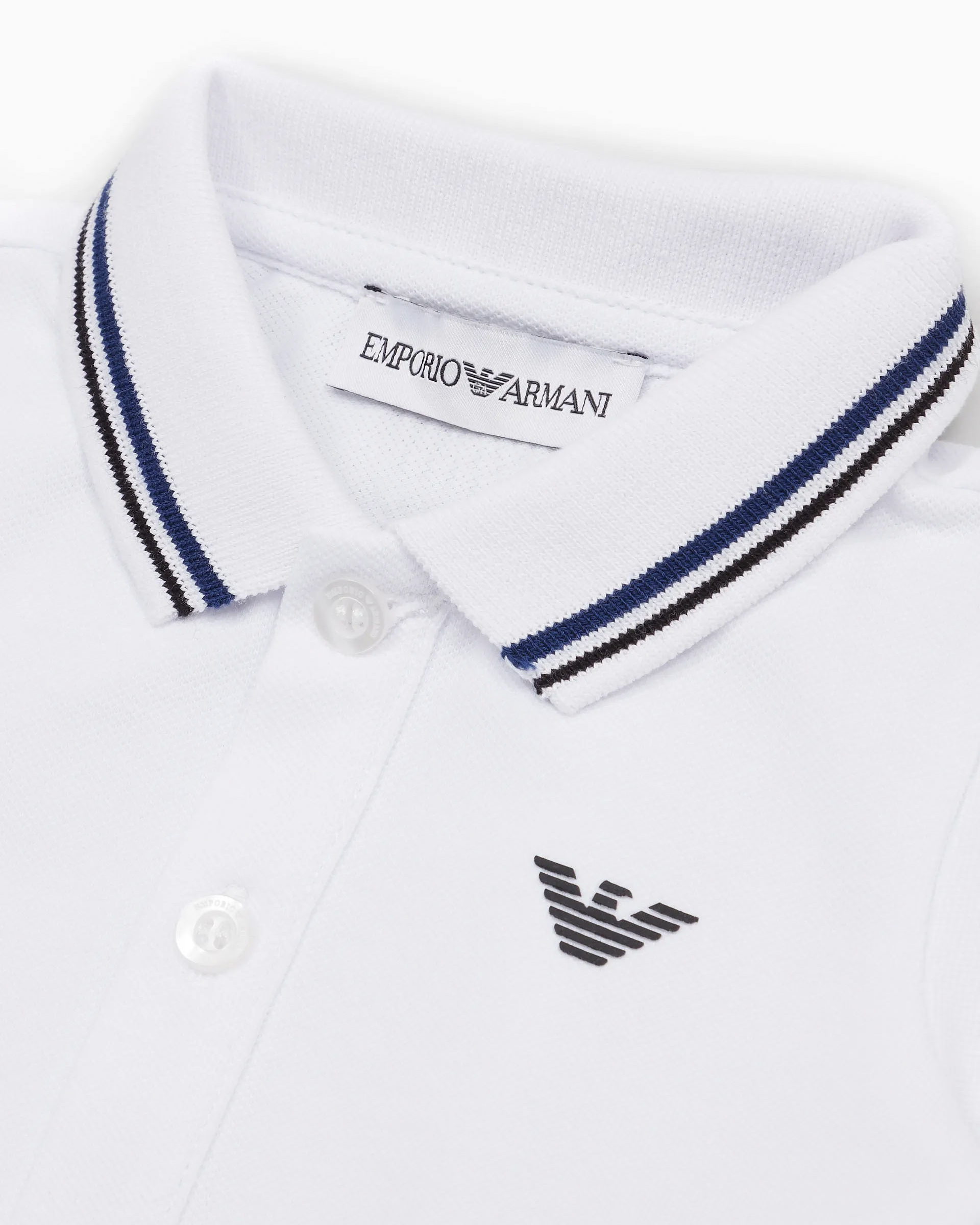 Polo Emporio Armani Junior bianca mezza manica in cotone stretch con bordino blu e nero  image