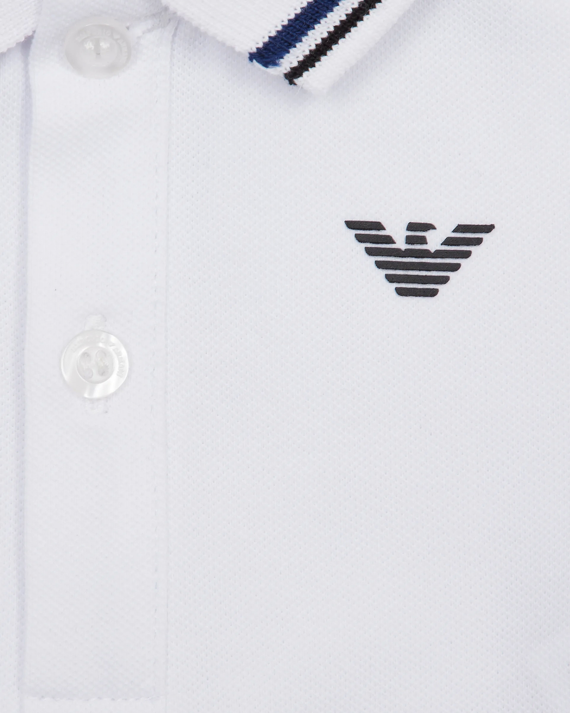 Polo Emporio Armani Junior bianca mezza manica in cotone stretch con bordino blu e nero 
