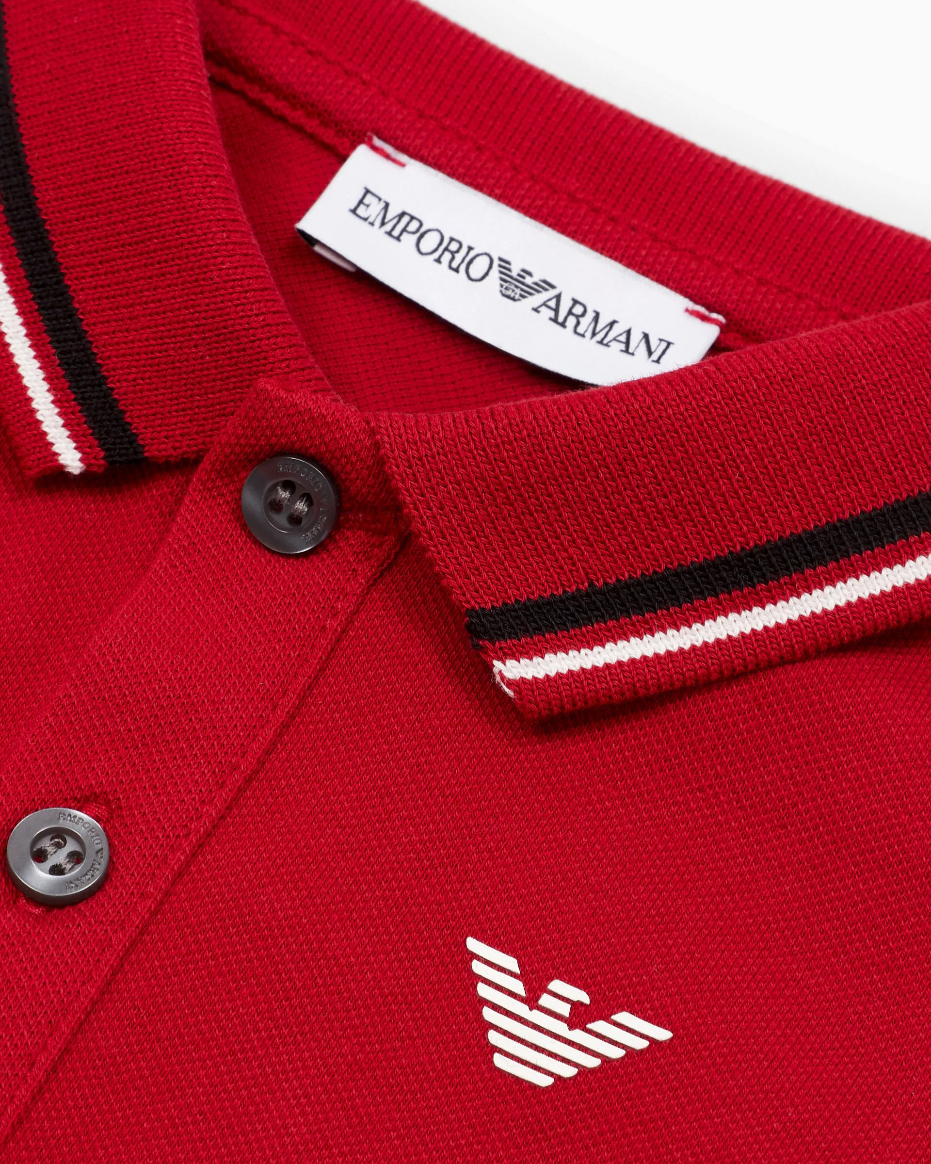 Polo Emporio Armani Junior rossa mezza manica in cotone stretch con bordino bianco e nero  image