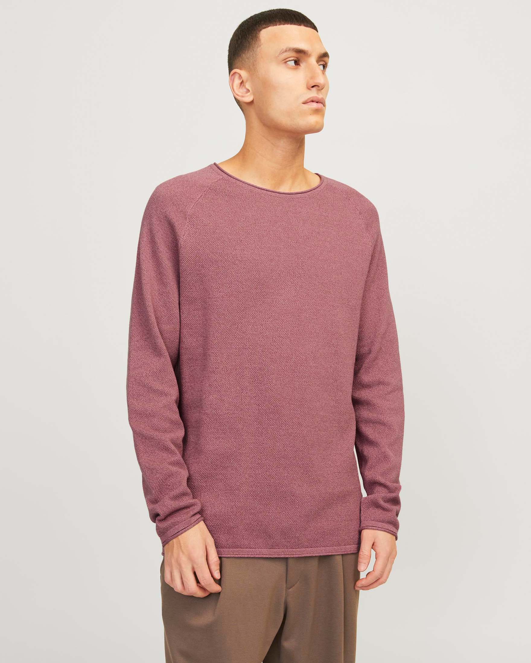 Maglia girocollo rosa antico in puro cotone lavorato a punto pepe con maniche raglan