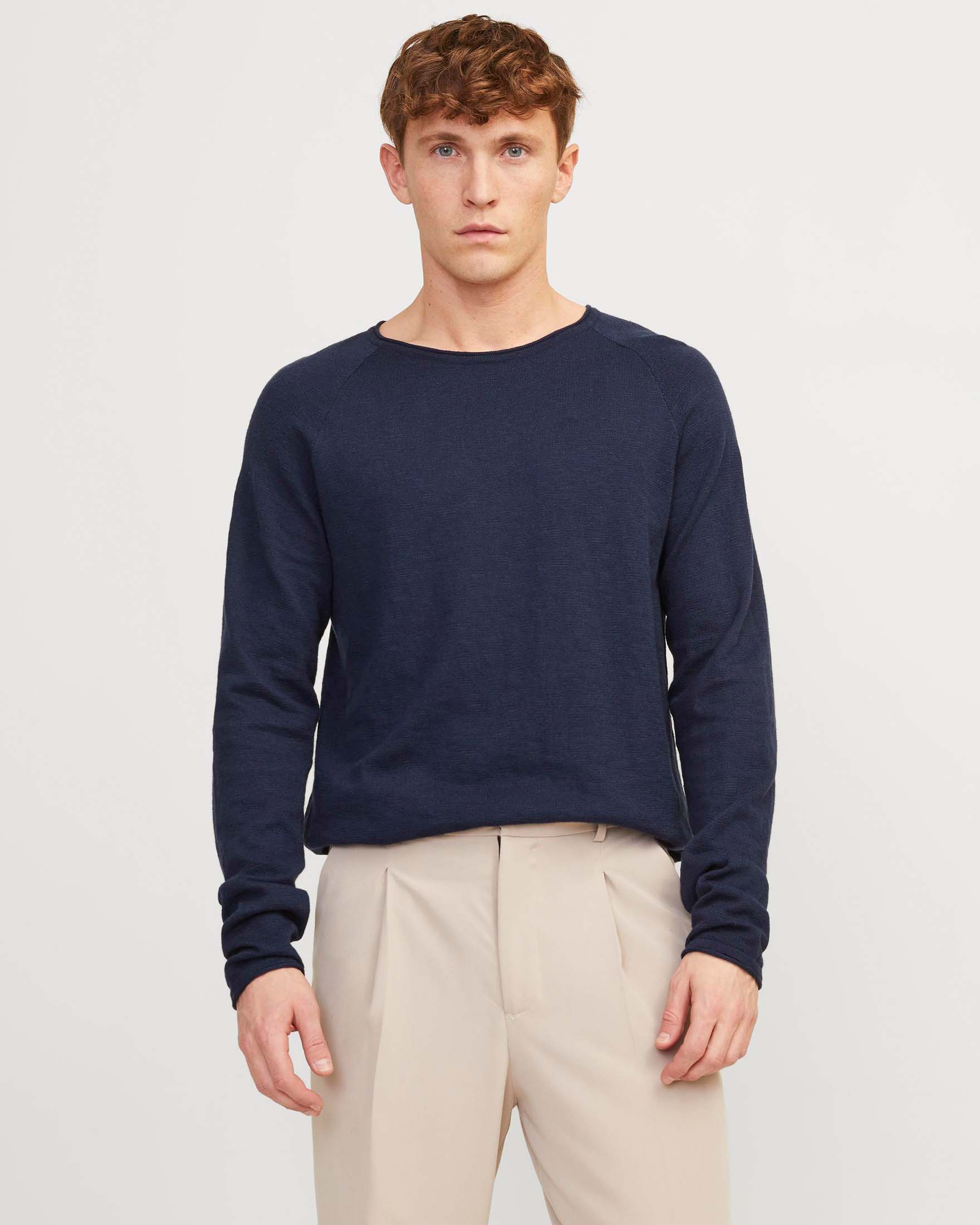 Maglia blu navy in cotone e lino fiammato regular-fit con maniche raglan e bordi arrotolati