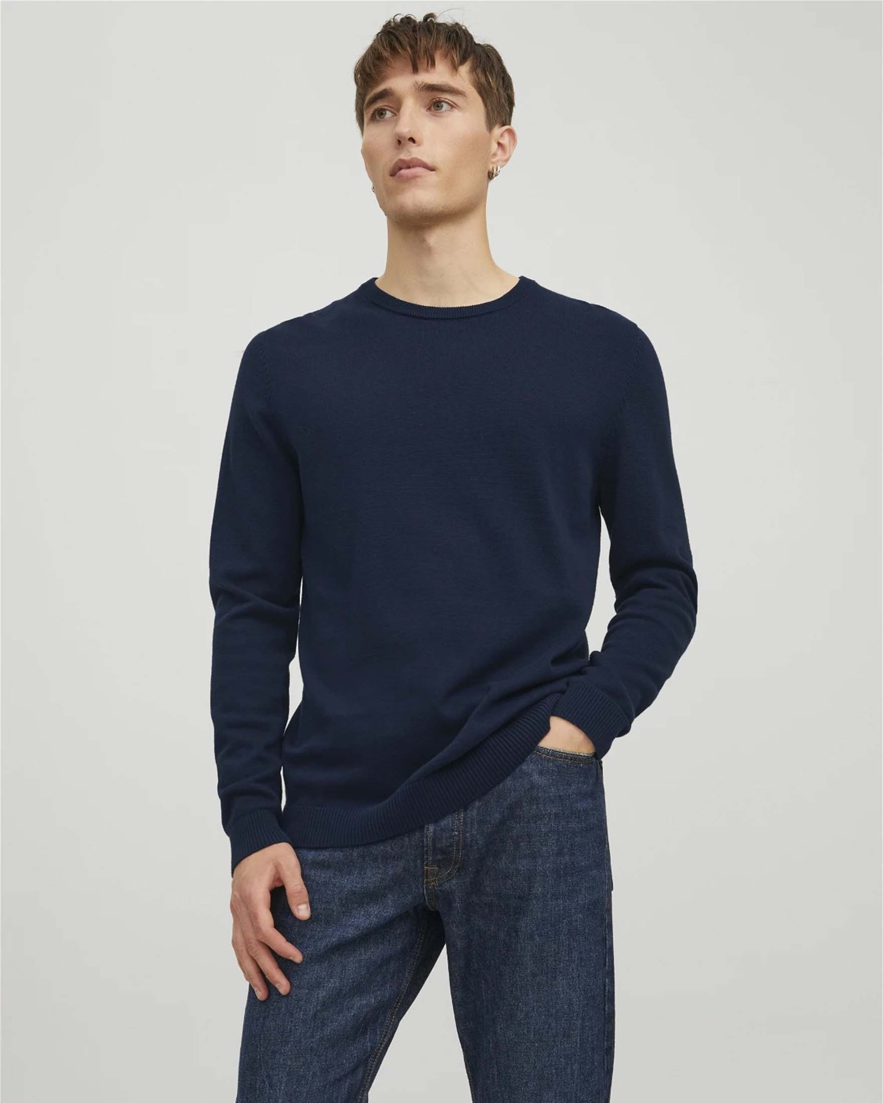 Maglia girocollo blu regular-fit a tinta unita in puro cotone