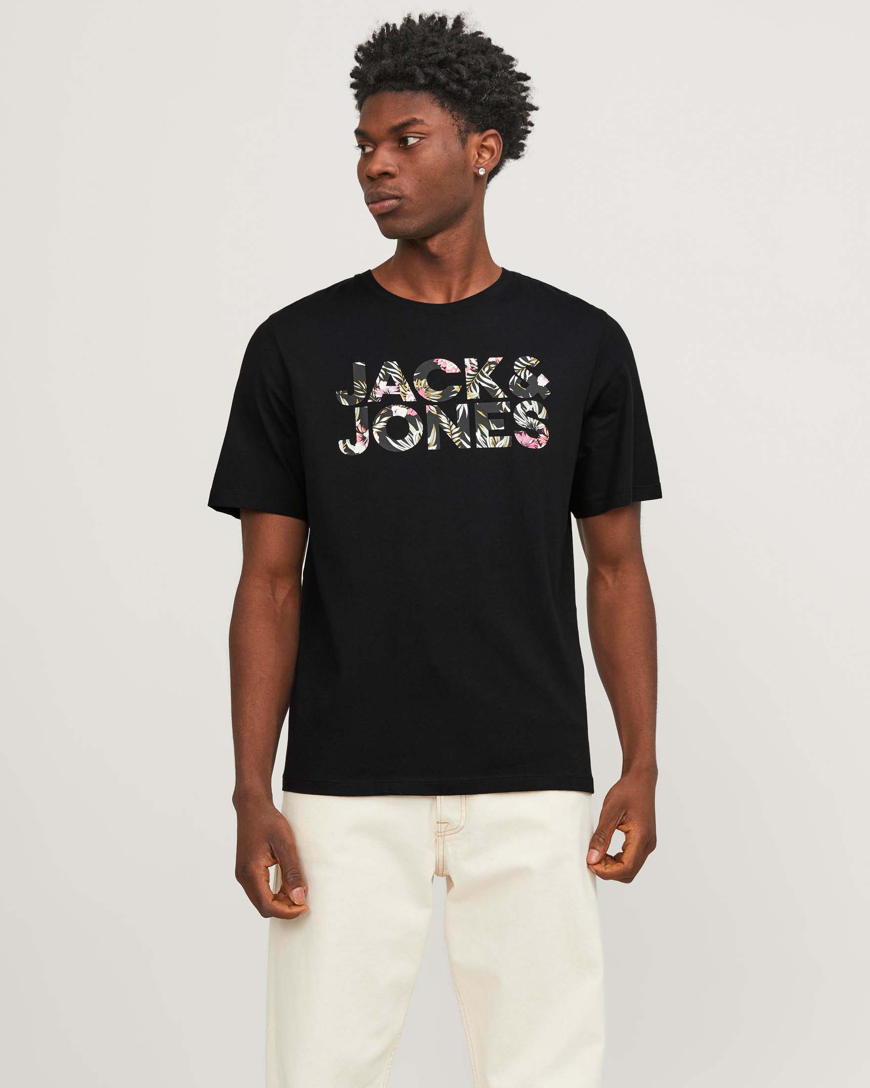 T-shirt nera regular-fit in puro cotone con stampa logo frontale in fantasia floreale