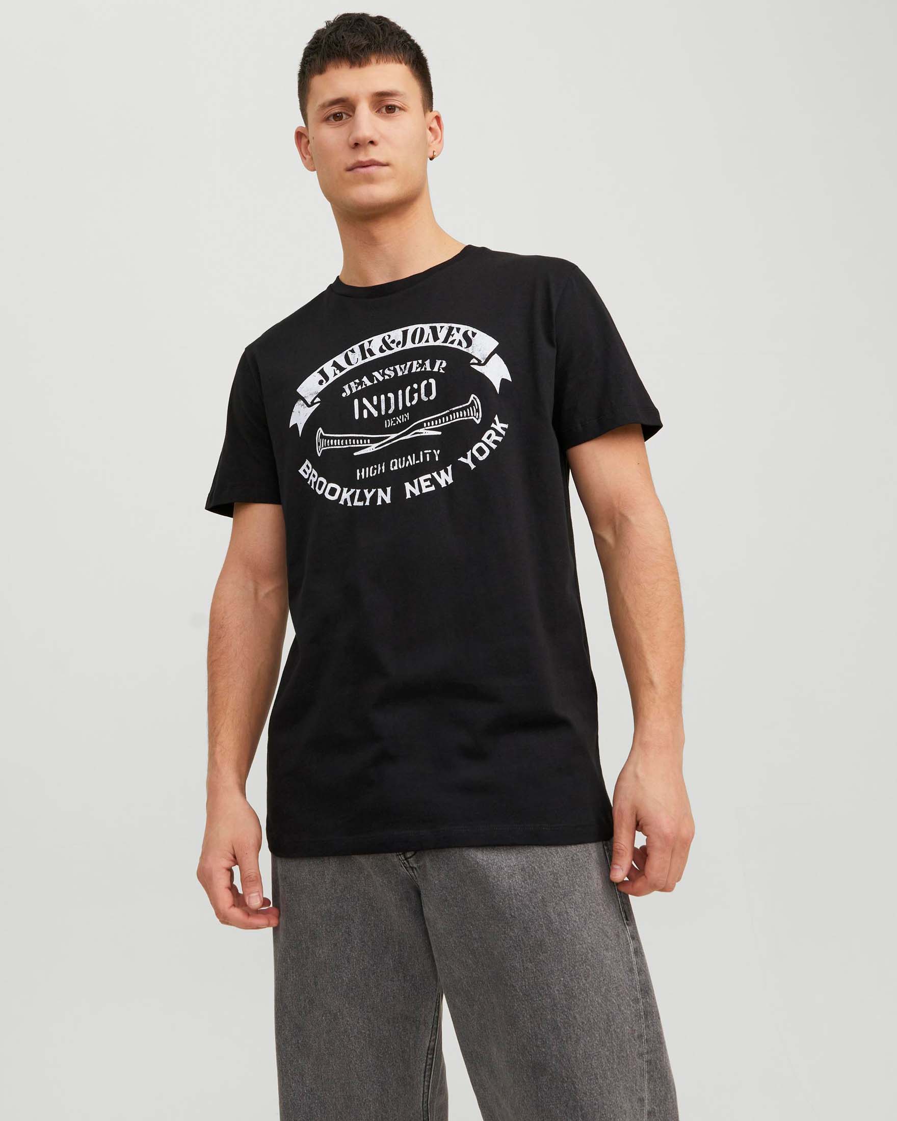 T-shirt nera regular-fit in puro cotone con stampa logo frontale