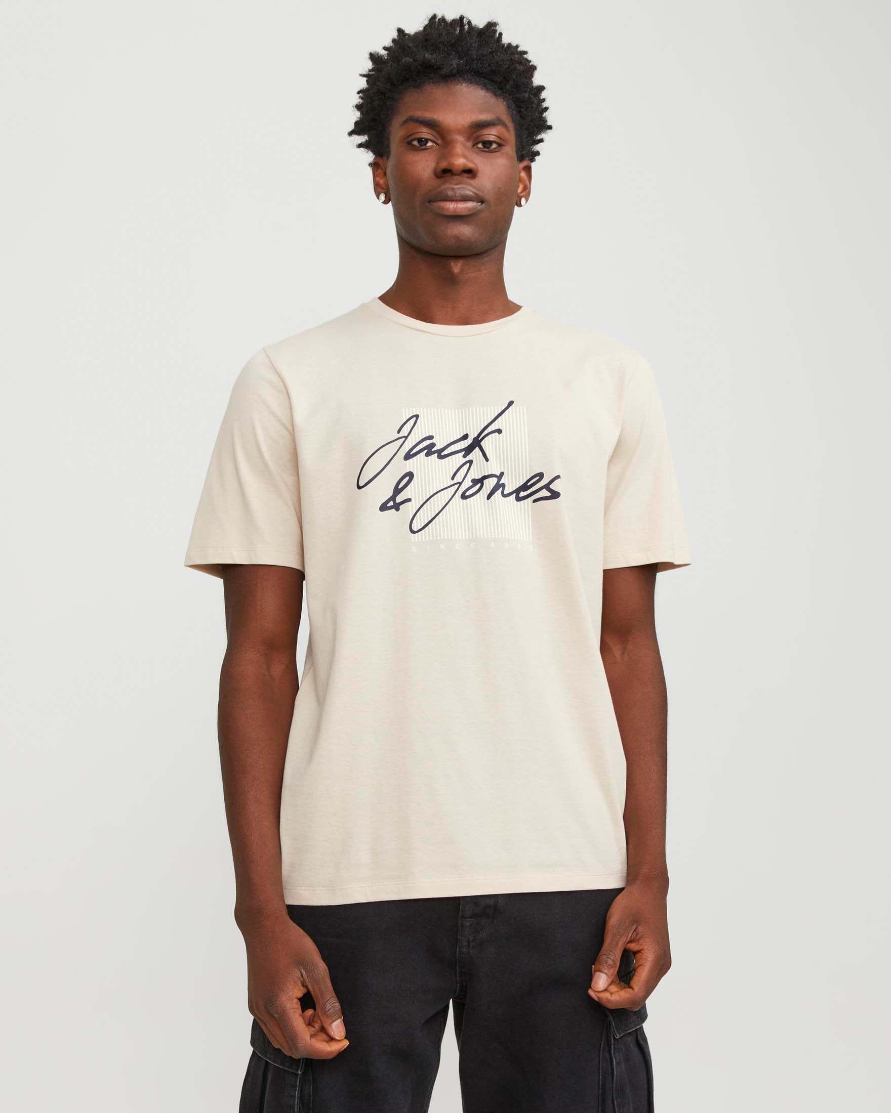 T-shirt beige regular-fit in puro cotone con stampa logo firma e barcode in tono