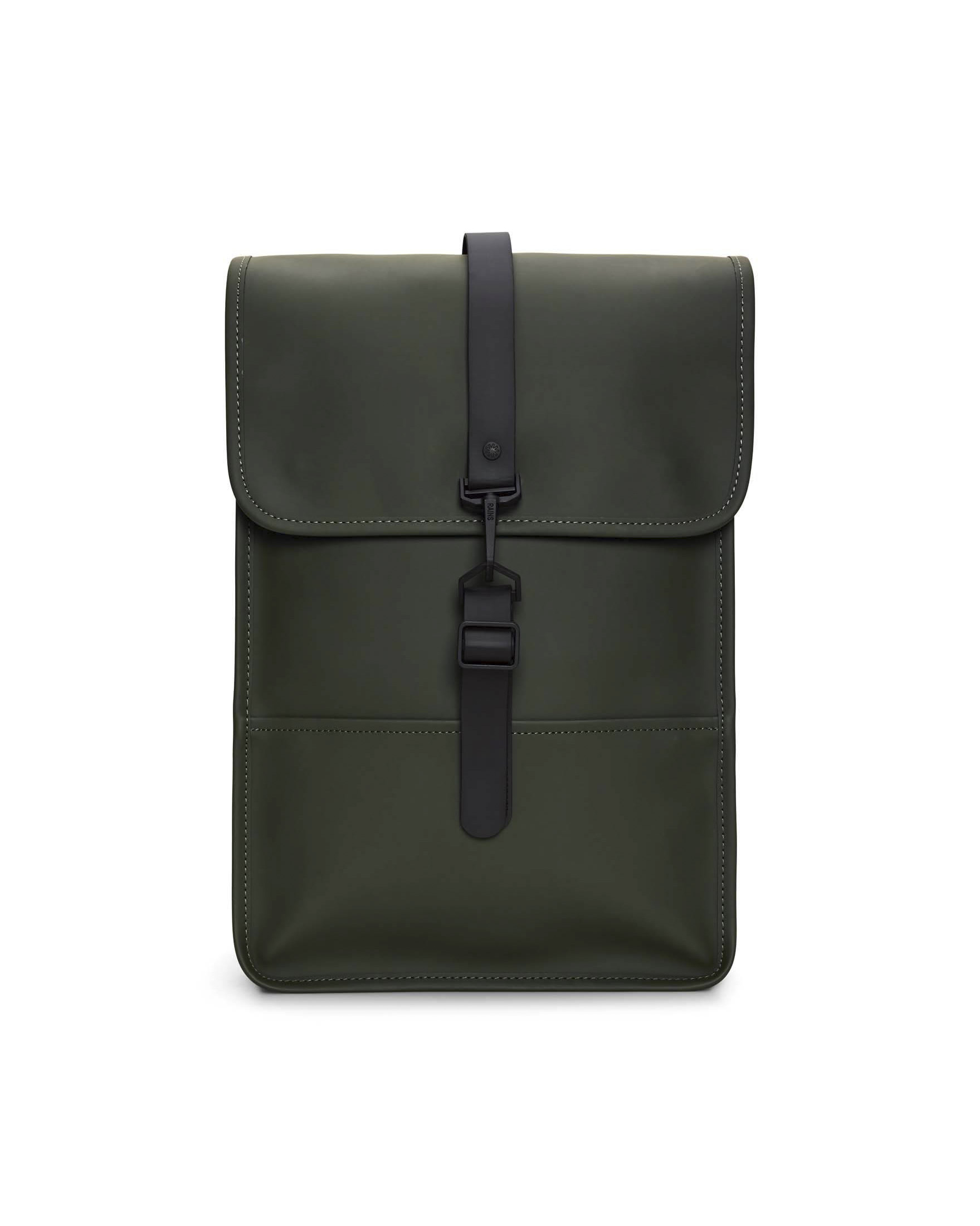 Zaino Backpack Mini verde militare dalla linea rettangolare con tasca frontale e chiusura a moschettone