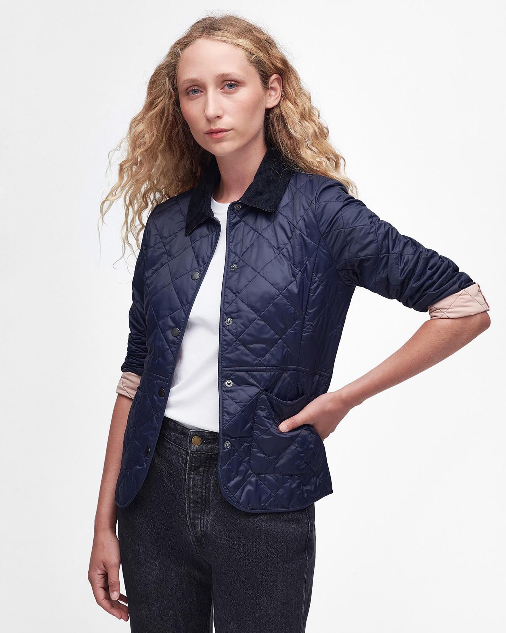Giacca Deveron blu trapuntata con colletto a camicia in velluto a coste