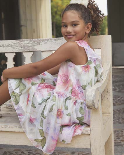 Abito corto senza maniche in fantasia floreale rosa e verde con balza