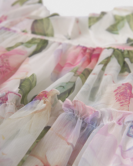 Abito corto senza maniche in fantasia floreale rosa e verde con balza  image