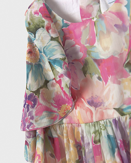 Abito corto senza maniche con volants e stampa floreale multicolor  image