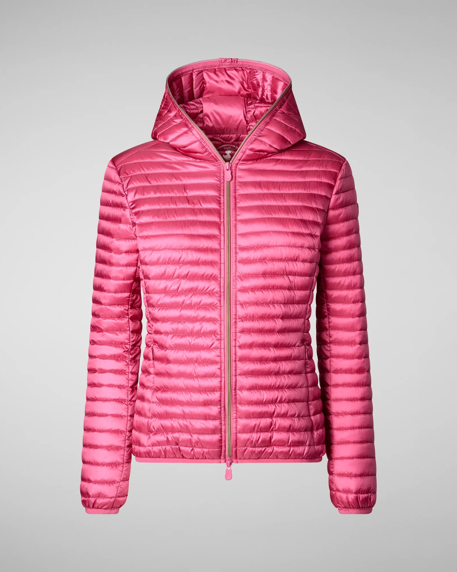 Piumino leggero fucsia in tessuto effetto raso con cappuccio fisso