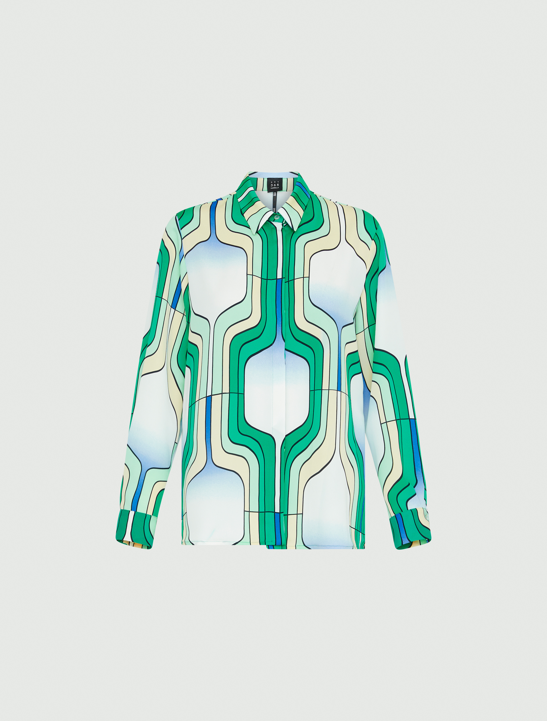 Camicia in crêpe envers satin smeraldo a motivo anni '70 azzurro e avorio Marella ART. 365
