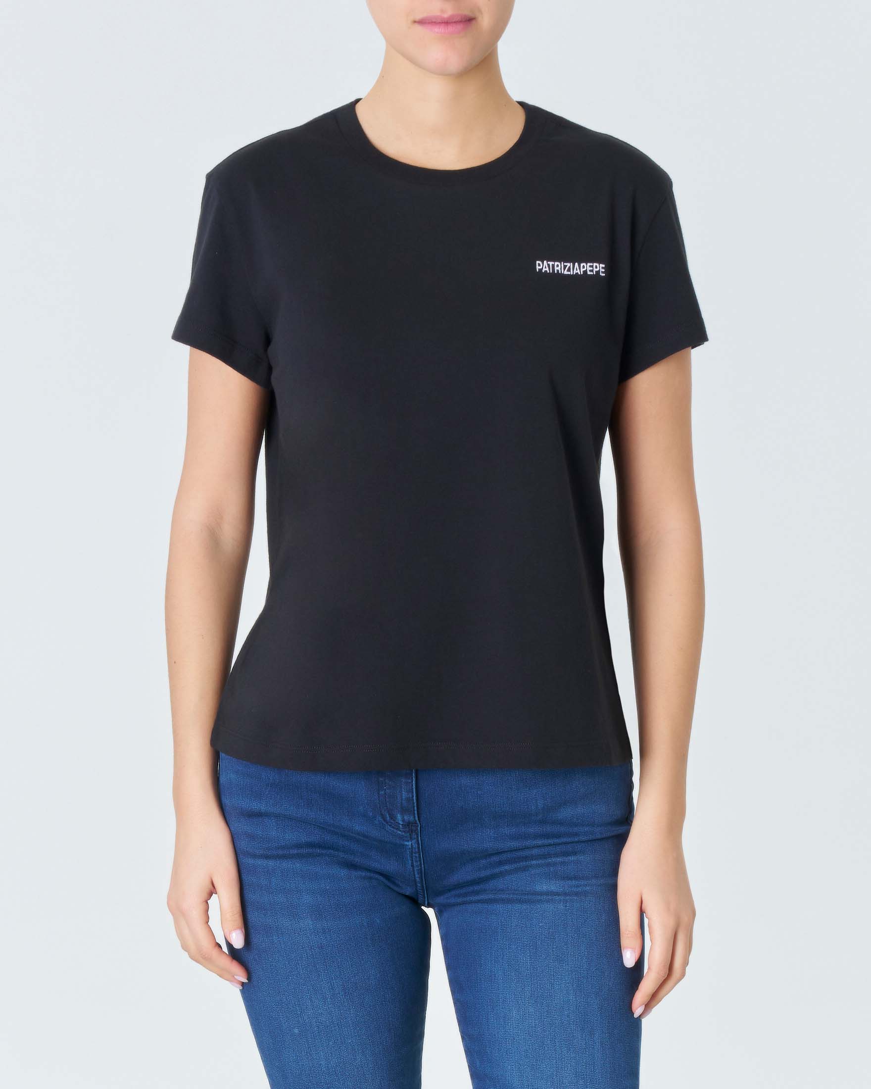 T-shirt nera vestibilità regular in puro cotone con logo bianco ricamato sul petto