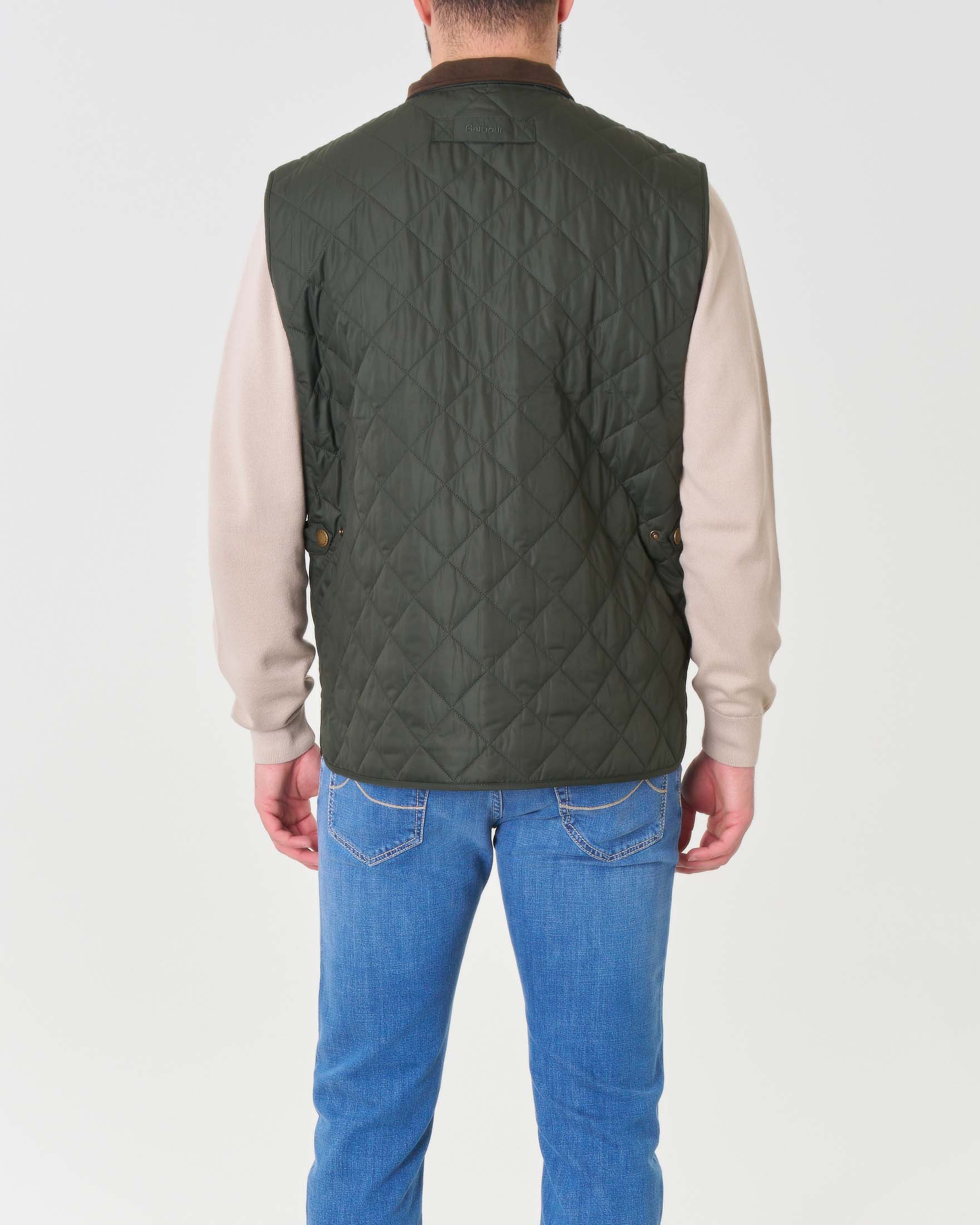 Gilet Barbour Lowerdale verde scuro trapuntato a rombi con colletto in velluto marrone