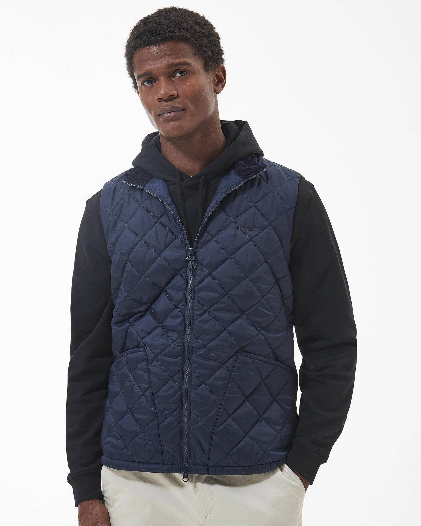 Gilet Barbour Monty blu trapuntato a rombi con colletto in velluto