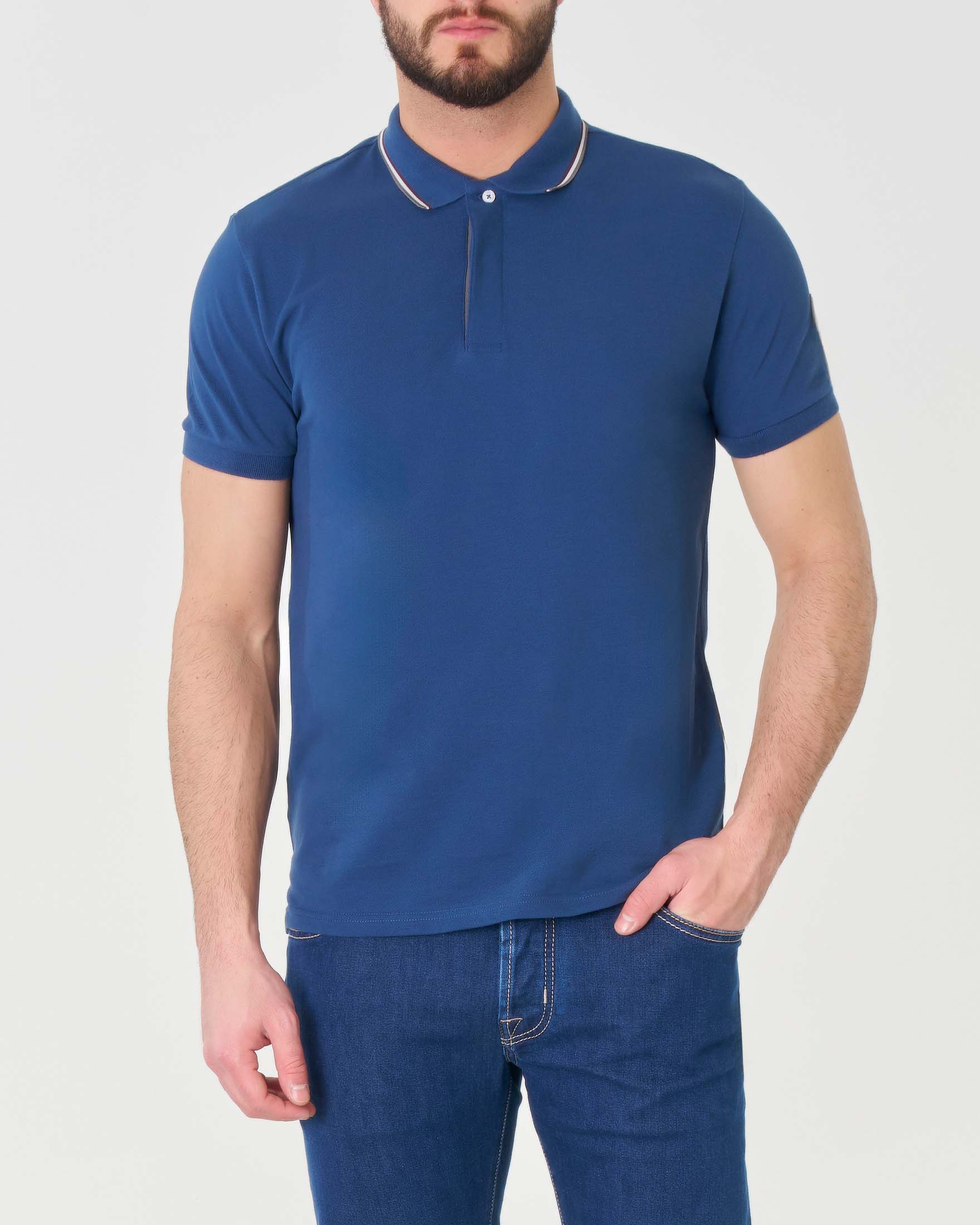 Polo blu royal mezza manica in piquè con abbottonatura coperta e bordino grigio bianco e bordeaux