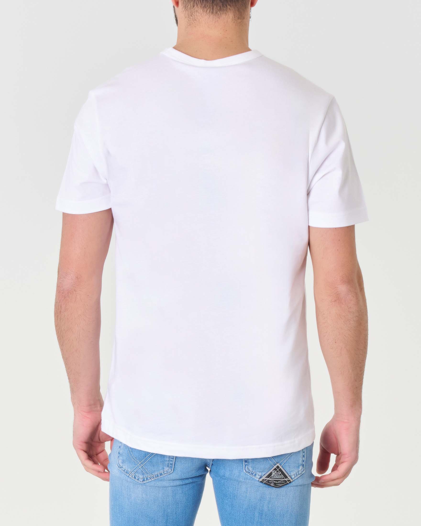 T-shirt bianca mezza manica con logo bollo arancione stampato sul petto