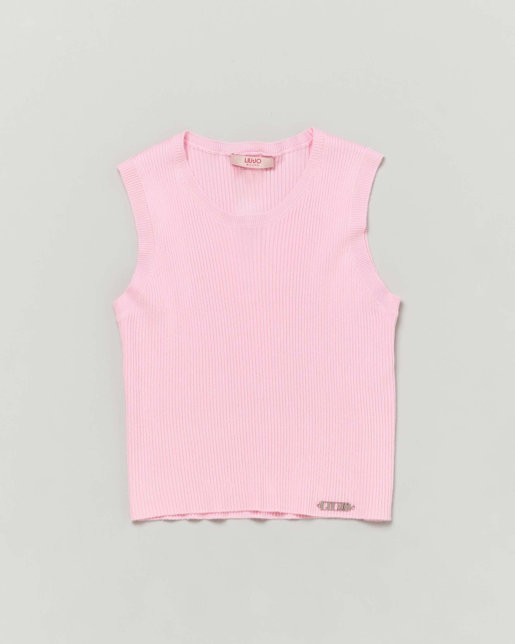 Top cropped a canotta in maglia rosa a costine