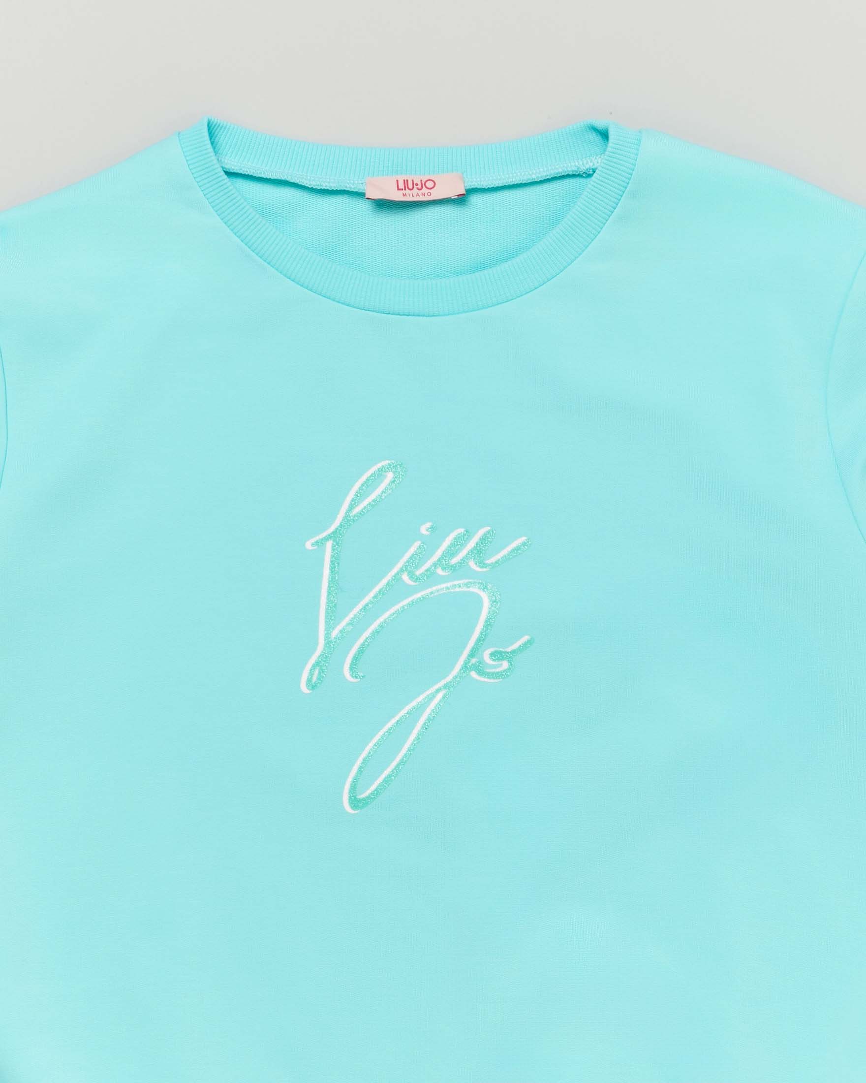 Felpa verde acqua girocollo in cotone stretch con stampa logo glitterata  image