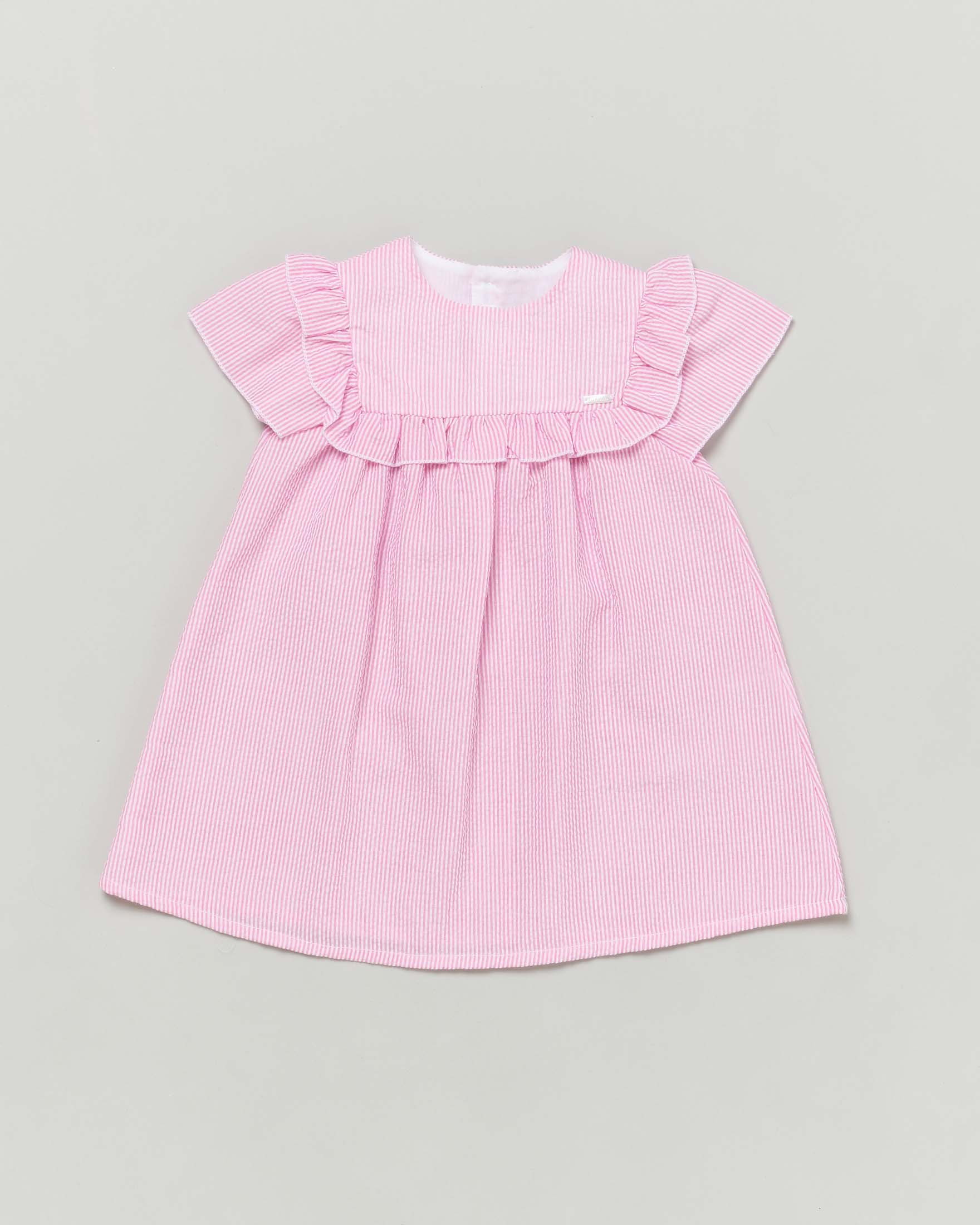 Abito in seersucker Lalalù a righe rosa e bianche con volant e maniche corte 